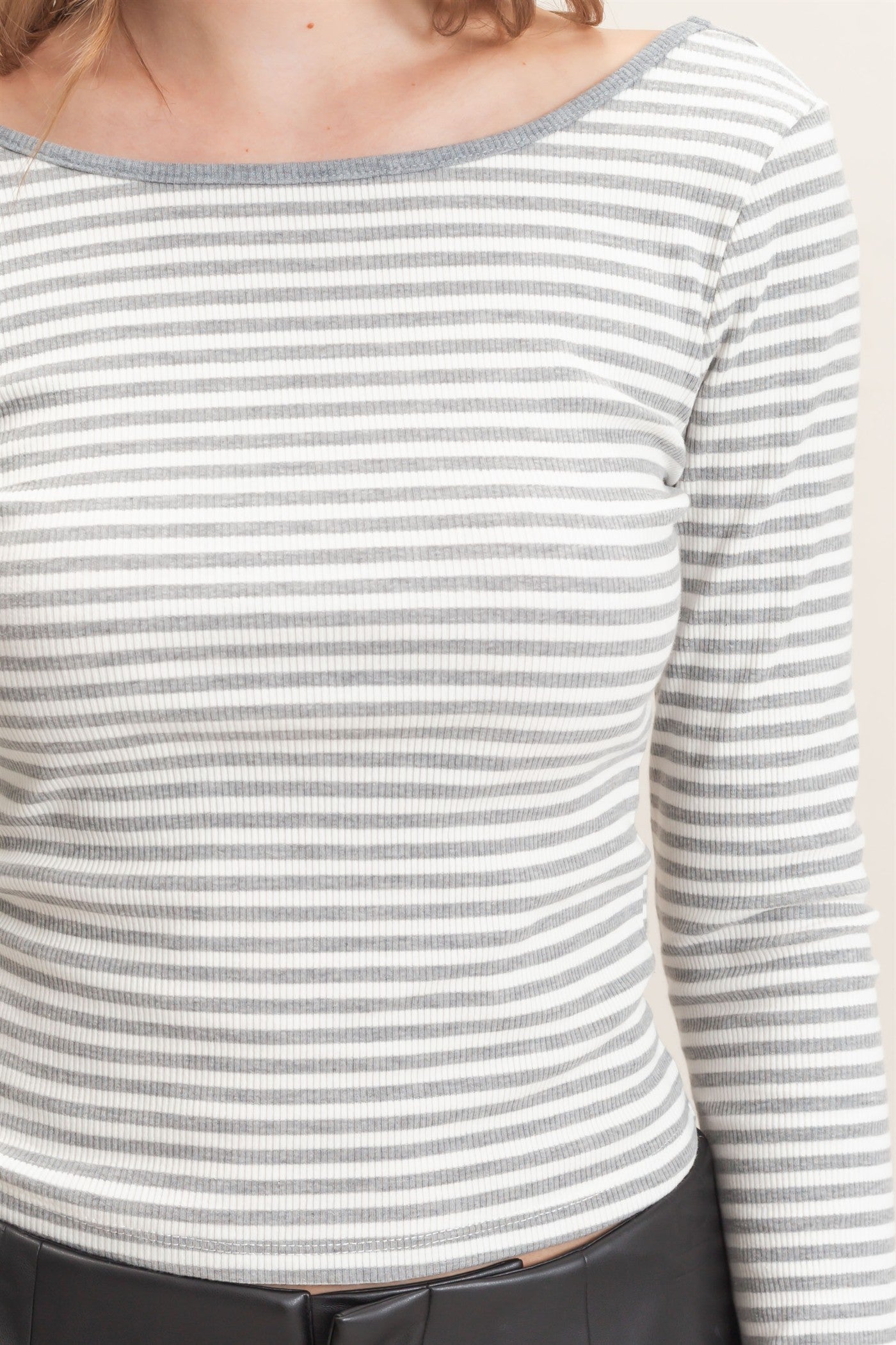 Wholesale Striped Boat Neck Long Sleeve Top Clothing Tops HF26F080 GRAY/WHITE HYFVE