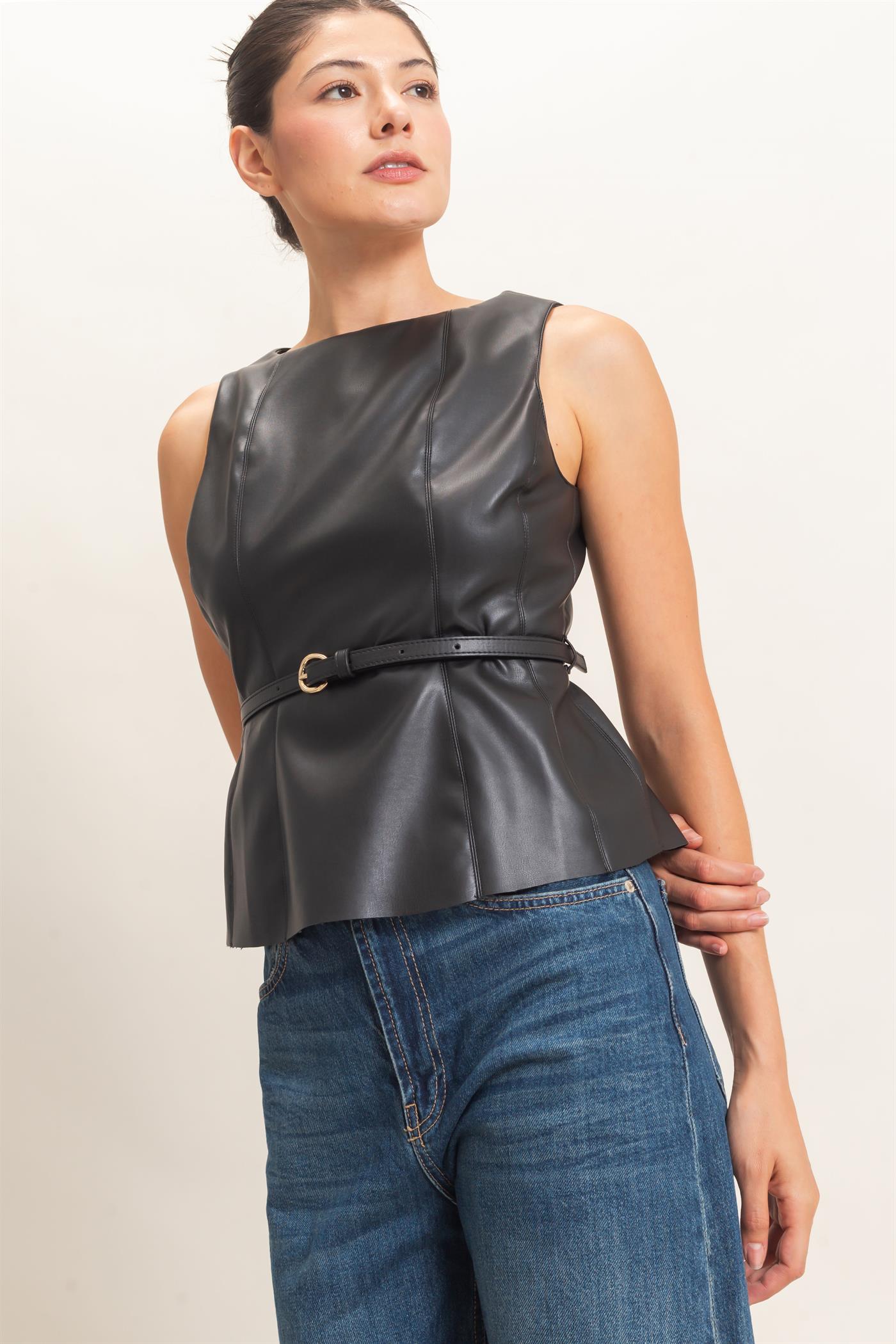 Wholesale Sleek Faux Leather Belted Top Clothing Tops HF26E543 BLACK HYFVE