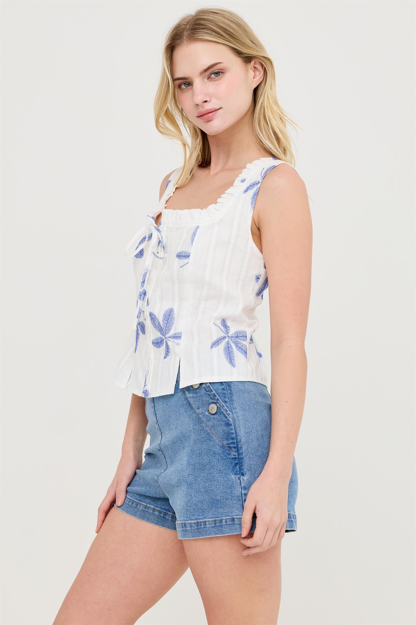 Wholesale Sleeveless Square Neck Ruffle Top Clothing Tops HF26A484 BLUE HYFVE