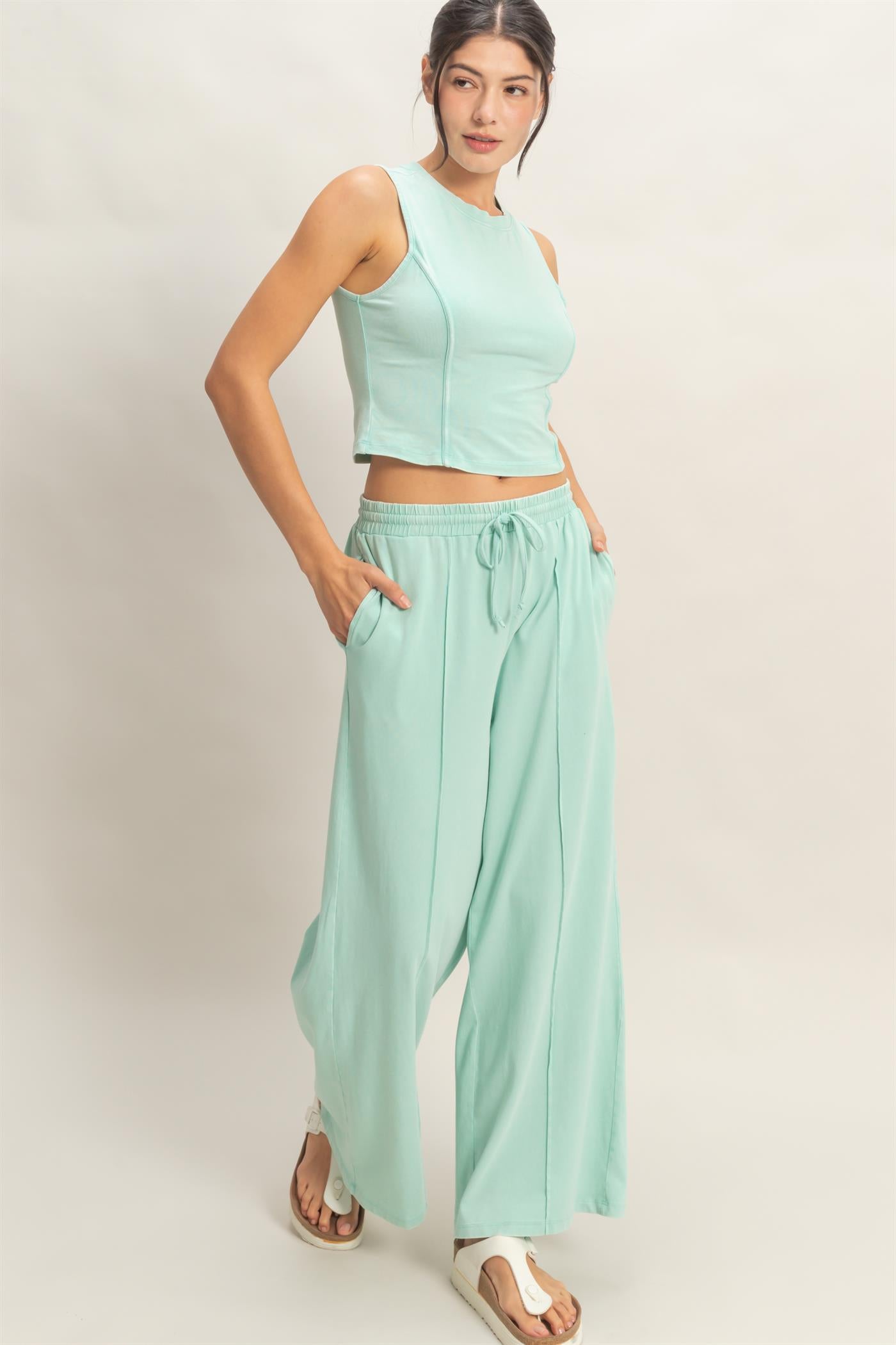 Wholesale Mineral Washed Sleeveless Top & Wide Leg Pants Set Clothing DZ26A371-SET TURQUOISE DOUBLE ZERO