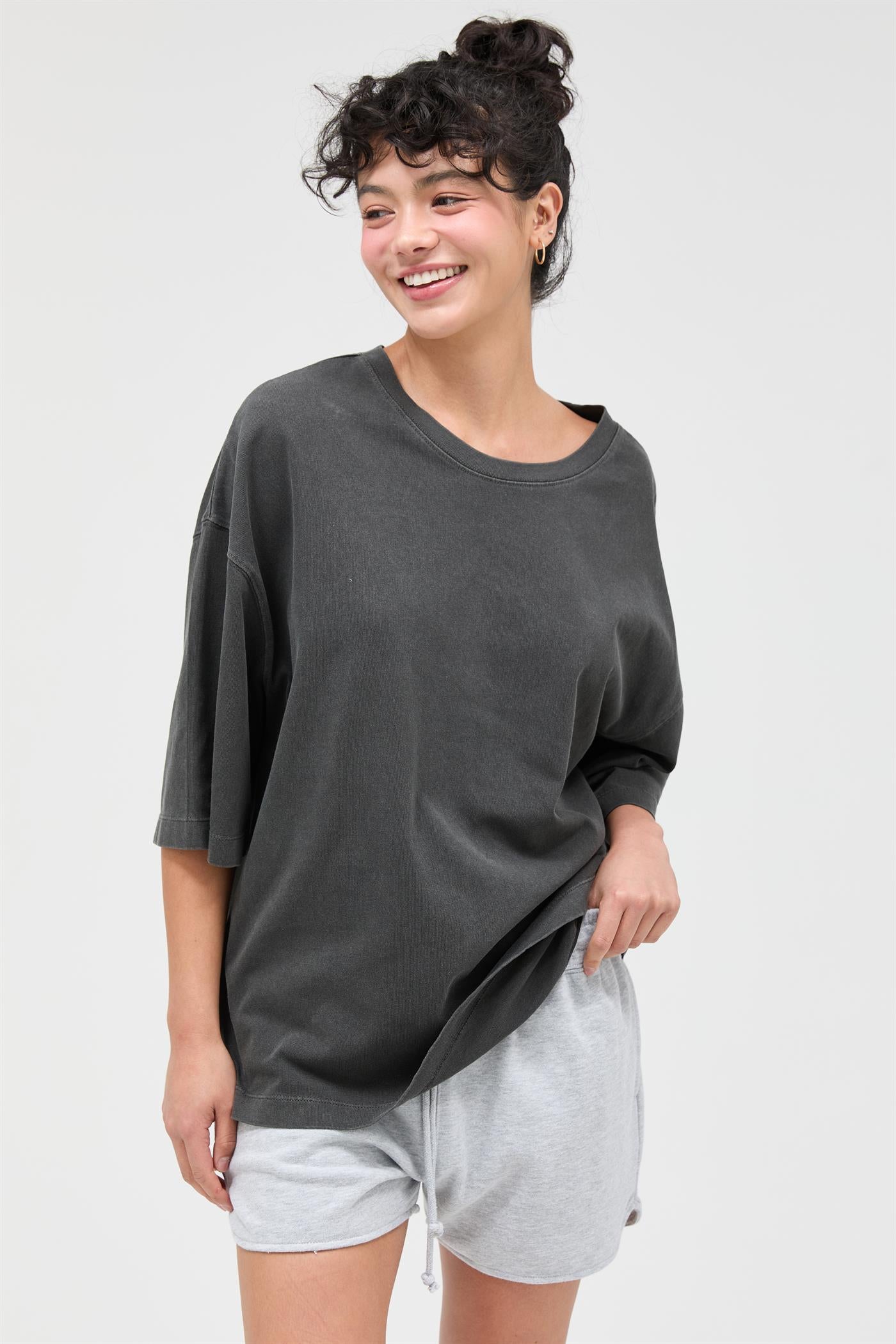 Wholesale Pigment Dye Oversized Half-Sleeve T-Shirt Clothing Tops DZ26A459 BLACK DOUBLE ZERO