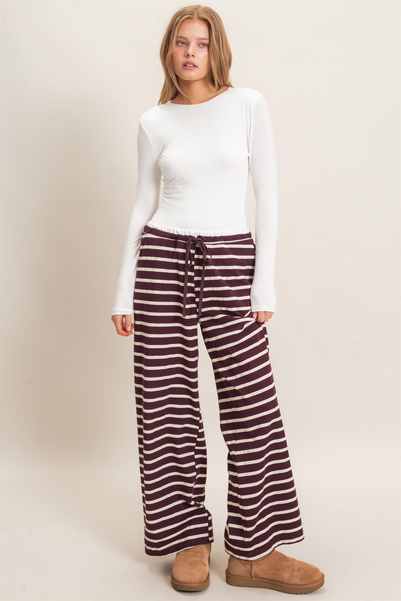 Wholesale Striped Wide-Leg Pants Pants HF26F229-D RASPBERRY/ECRU HYFVE