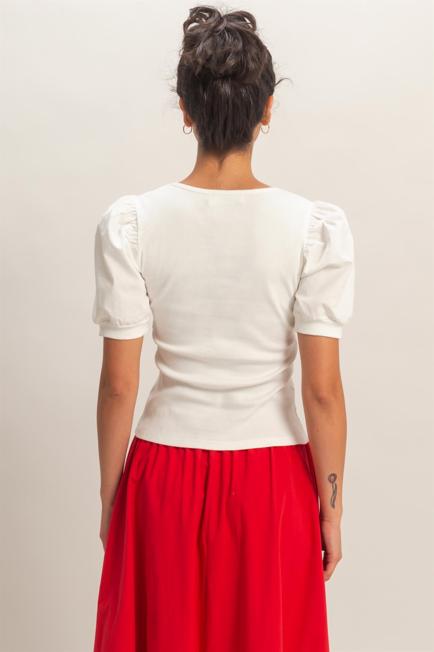 Wholesale Ribbed Puff Sleeve Scoop Neck Top Clothing Tops DZ26C071 WHITE DOUBLE ZERO