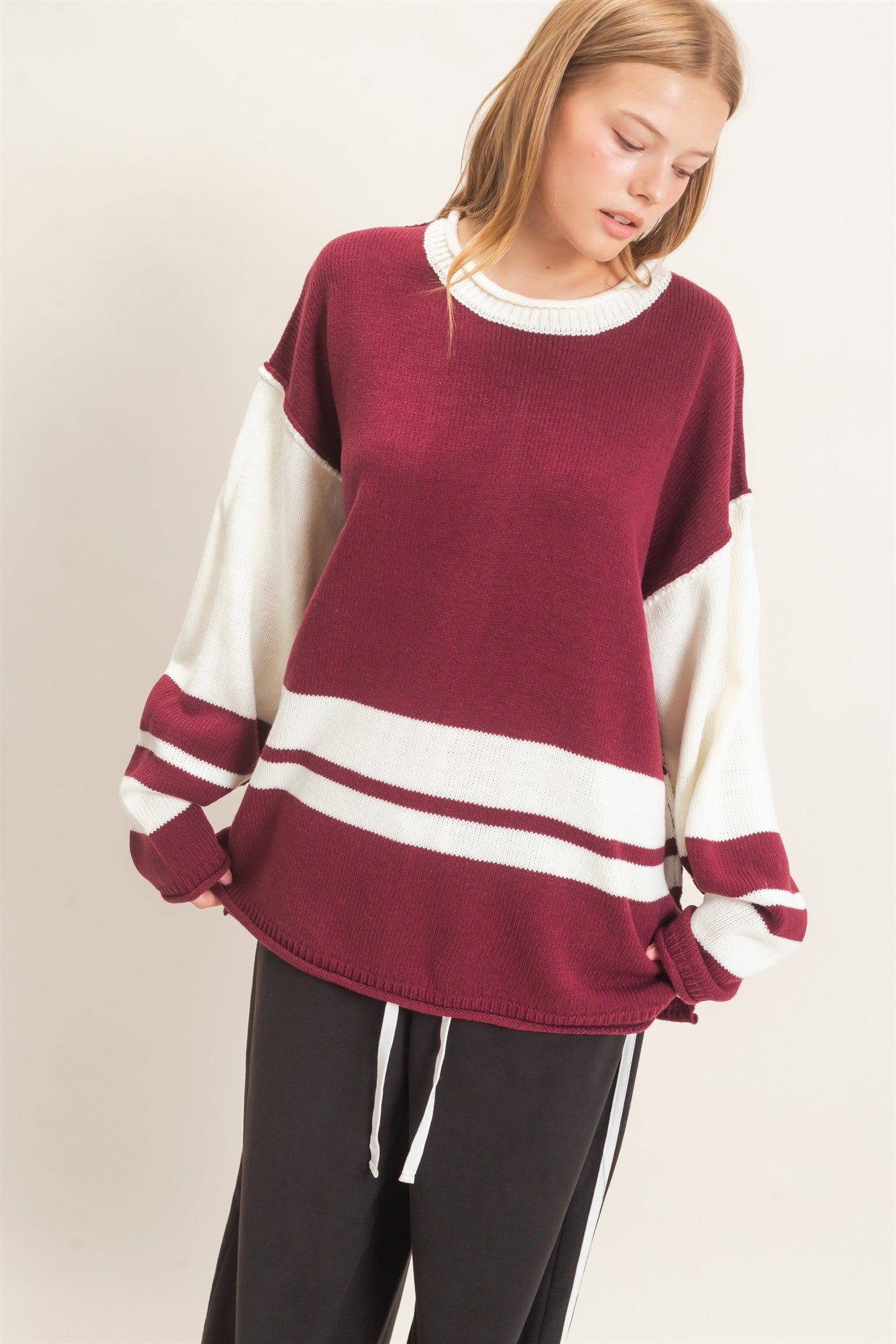Wholesale Striped Crew Neck Sweater Sweaters HF26E793 CRANBERRY HYFVE
