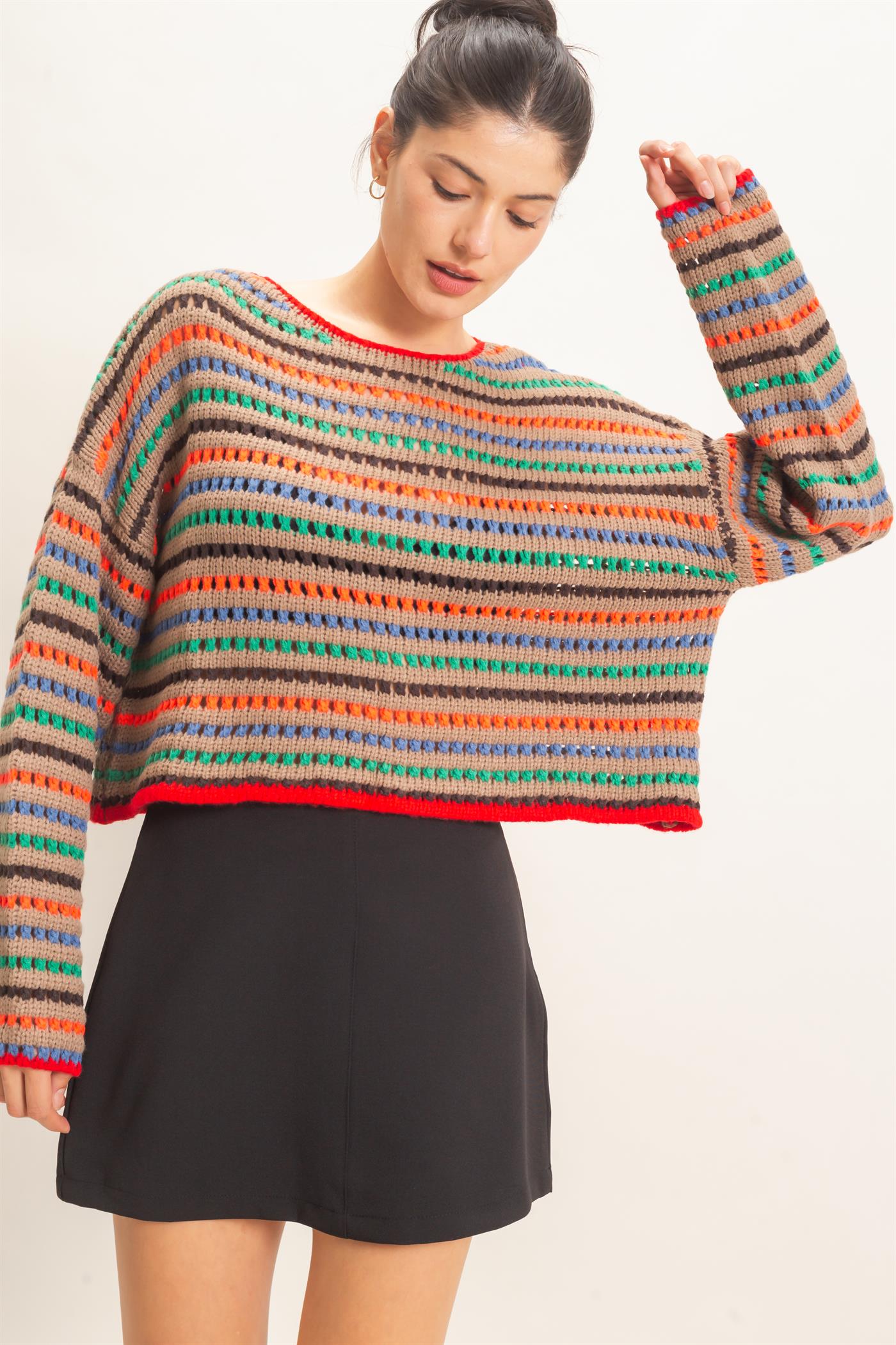Wholesale Striped Knit Sweater Sweaters HF26F189 MOCHA HYFVE