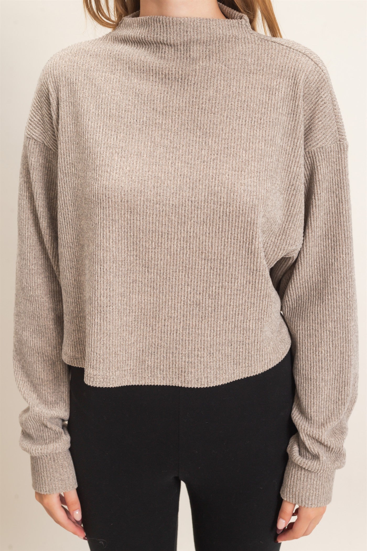 Wholesale Ribbed Mock Neck Top Clothing Tops HF26F030 BEIGE HYFVE