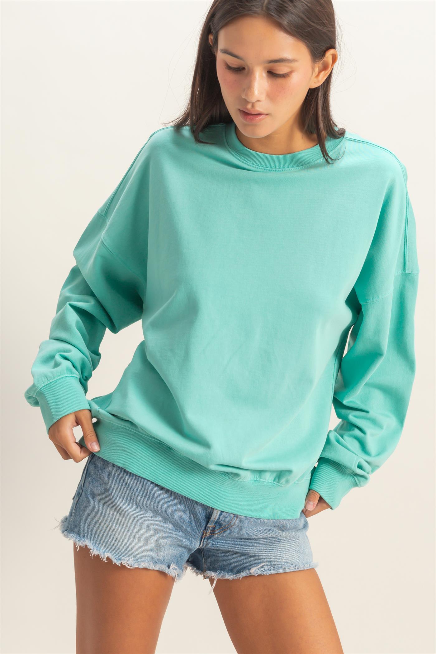 Wholesale Ribbed Crew Neck Sweatshirt Sweatshirts DZ26A265 TURQUOISE DOUBLE ZERO