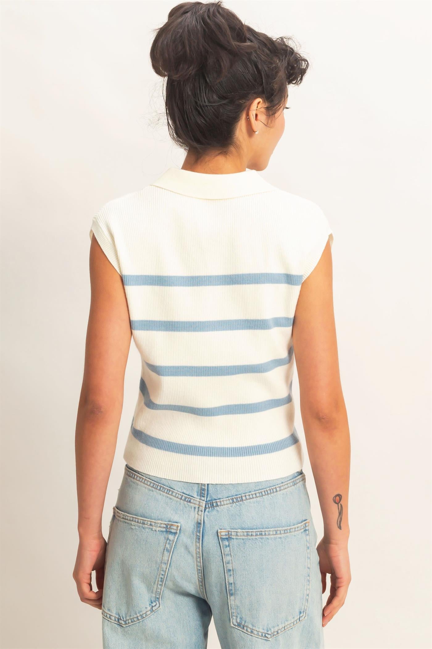 Wholesale Collared Striped Polo Vest Clothing Tops DZ26A337 BABY BLUE DOUBLE ZERO