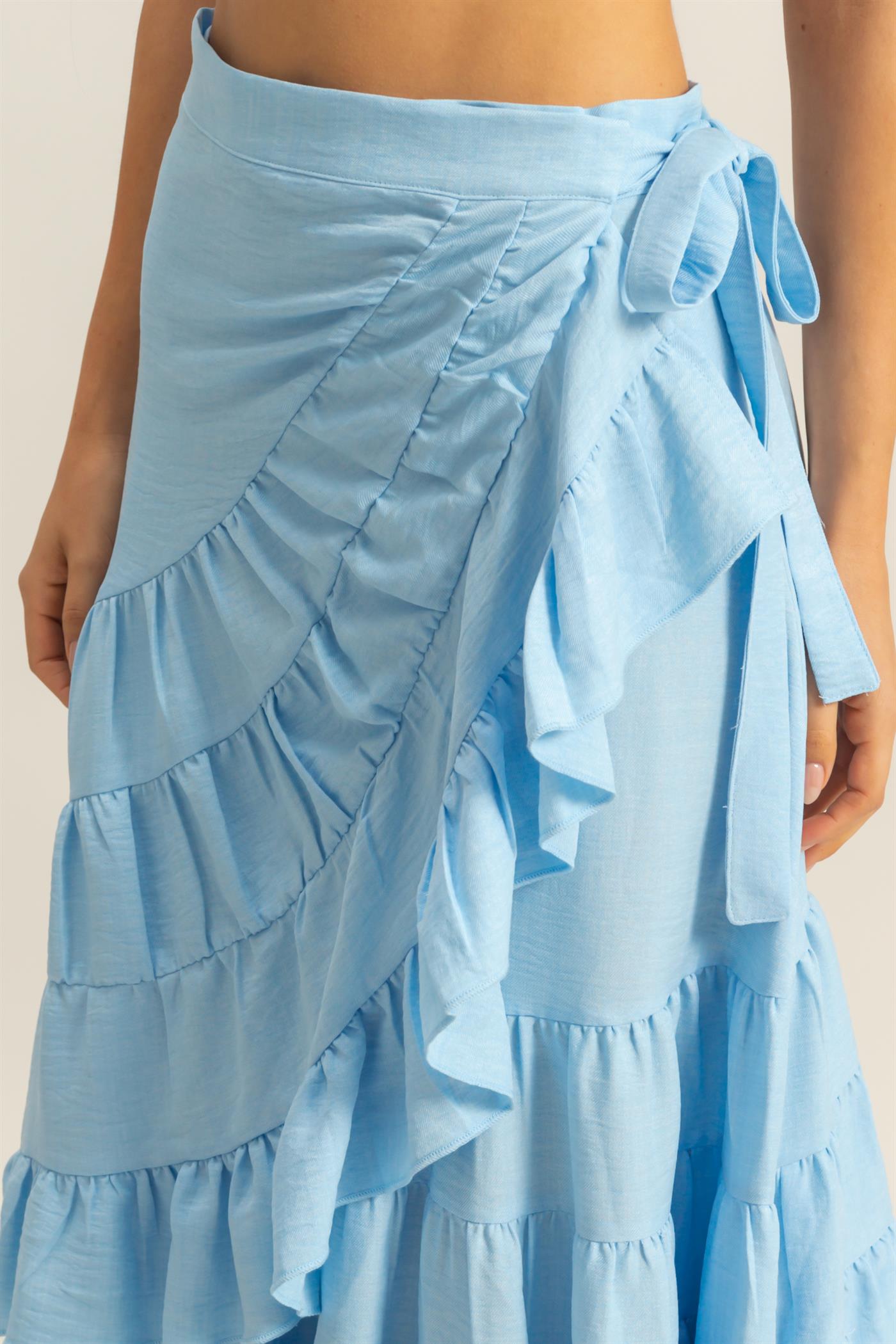 Wholesale High-Waist Tiered Wrap Maxi Skirt Skirts HF24F553 L.BLUE HYFVE