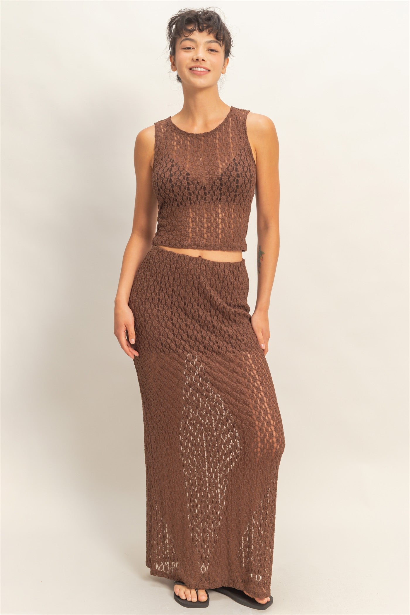 Wholesale Round Neck Lace Top & Lace Maxi Skirt Set Clothing DZ26C670-SET CHOCOLATE DOUBLE ZERO