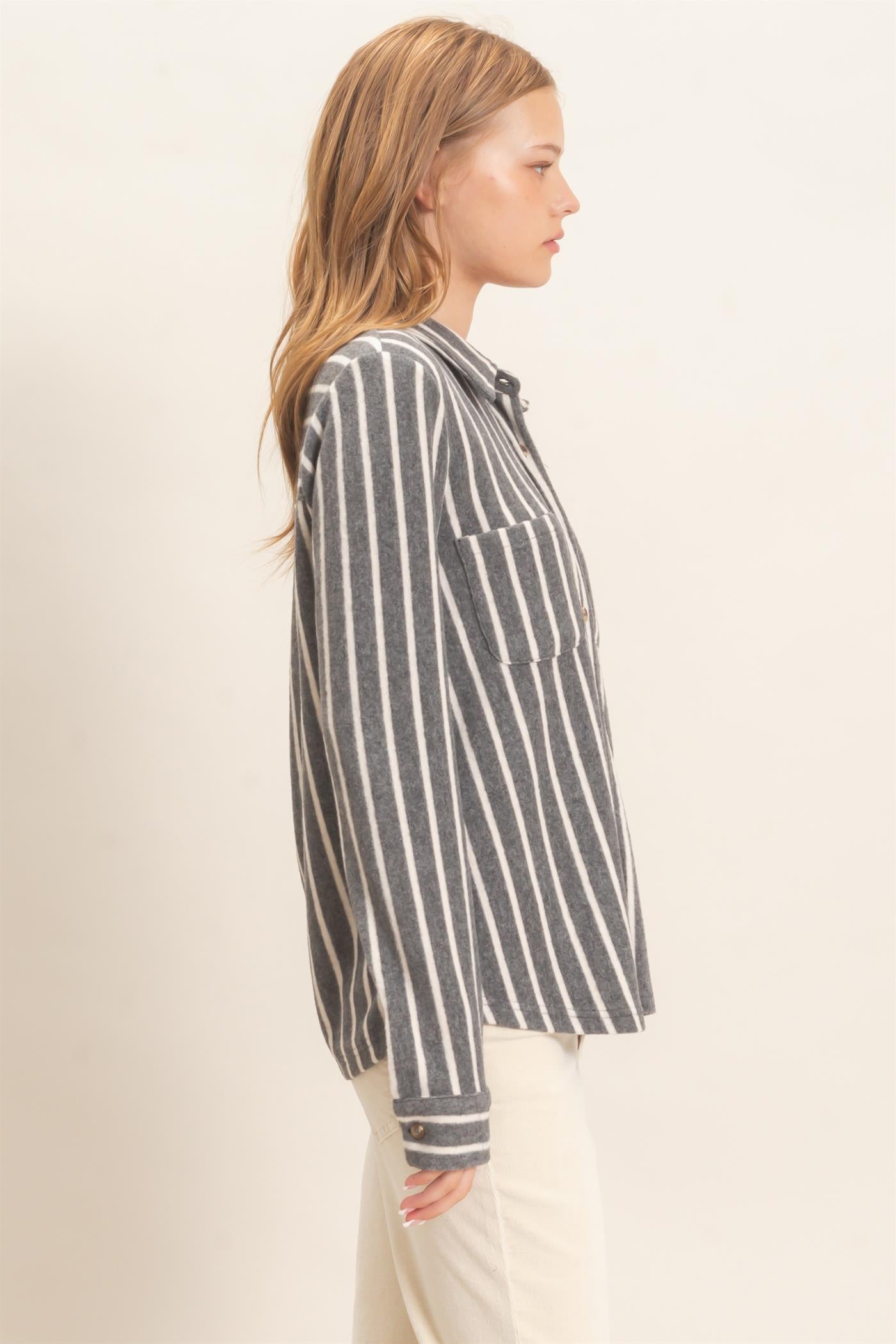 Wholesale Striped Button-Up Knit Shirt Clothing Tops HF26E189 GRAY HYFVE