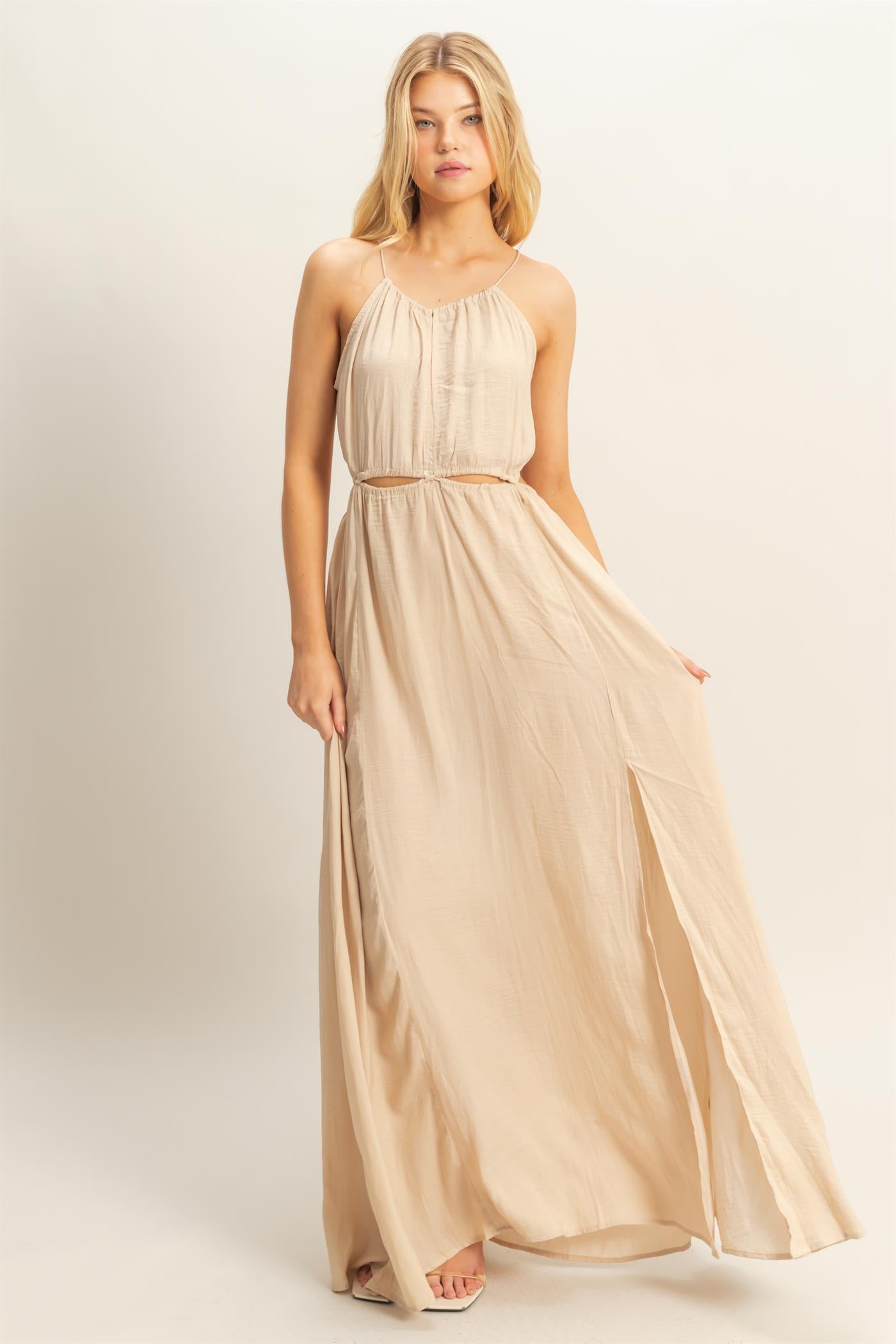Wholesale Side Cutout Side Slit Maxi Dress Dresses HF25E129 L.SAND HYFVE