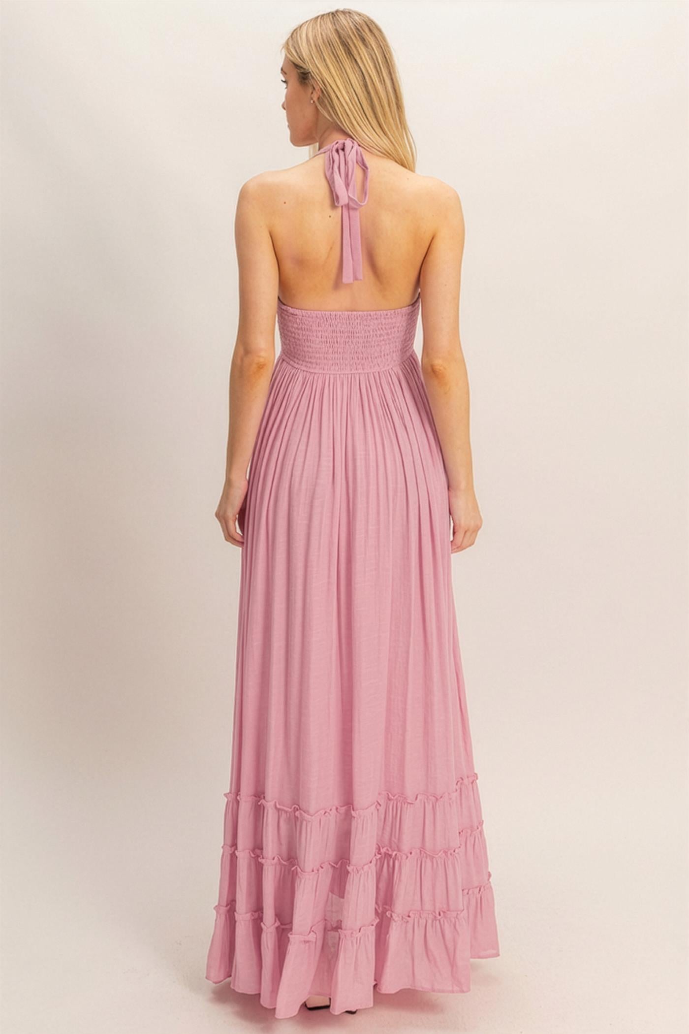 Wholesale Halter Neck Smocked Maxi Dress Dresses HF26C287-D PINK HYFVE