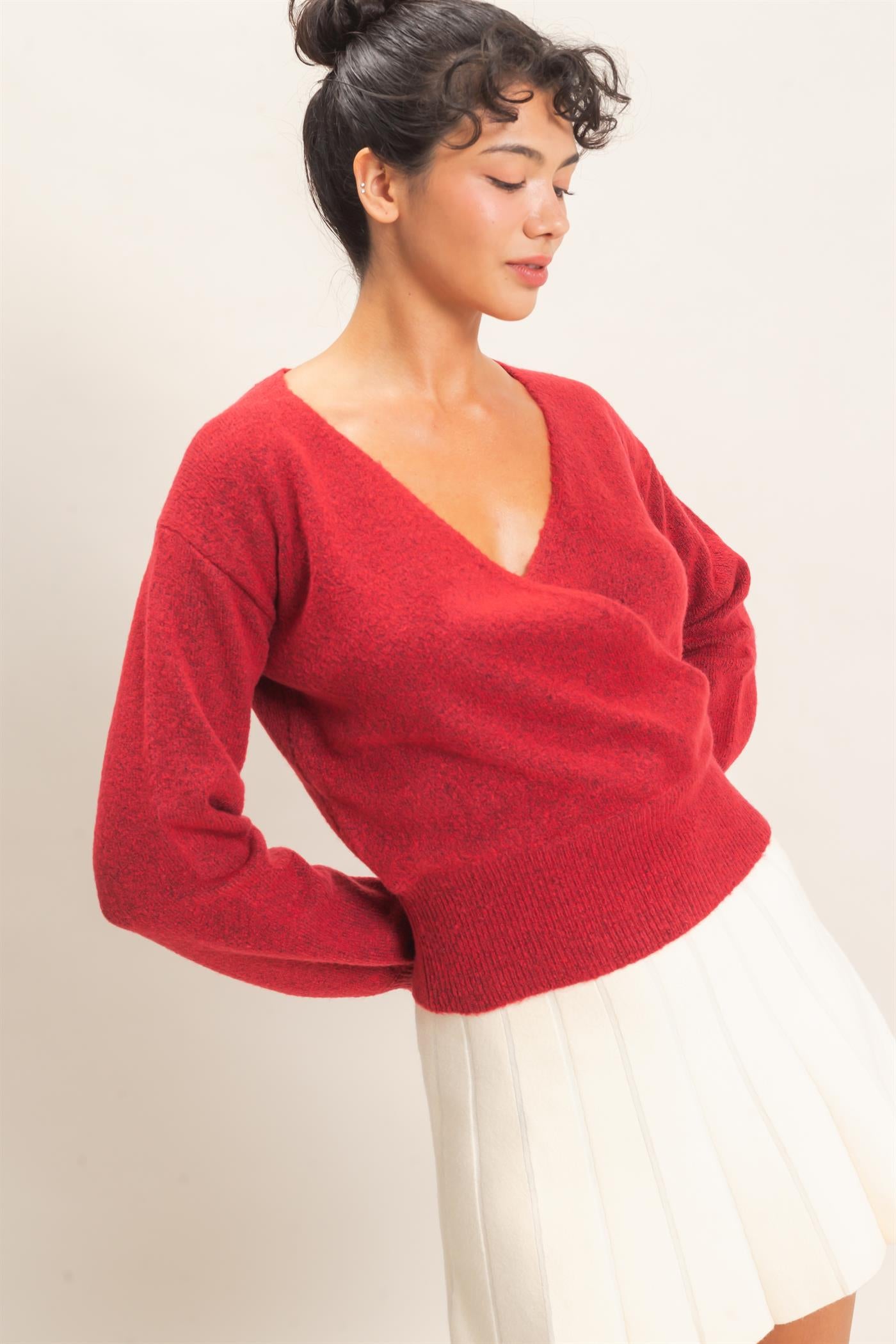 Wholesale Wrap V Neck Sweater Sweaters DZ26E948 DARK RED DOUBLE ZERO