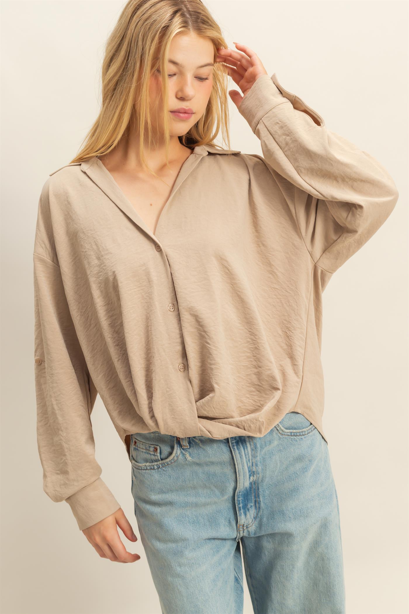 Wholesale Button-Down Blouse With Flowing Fit Clothing Tops HF25C543 BEIGE HYFVE