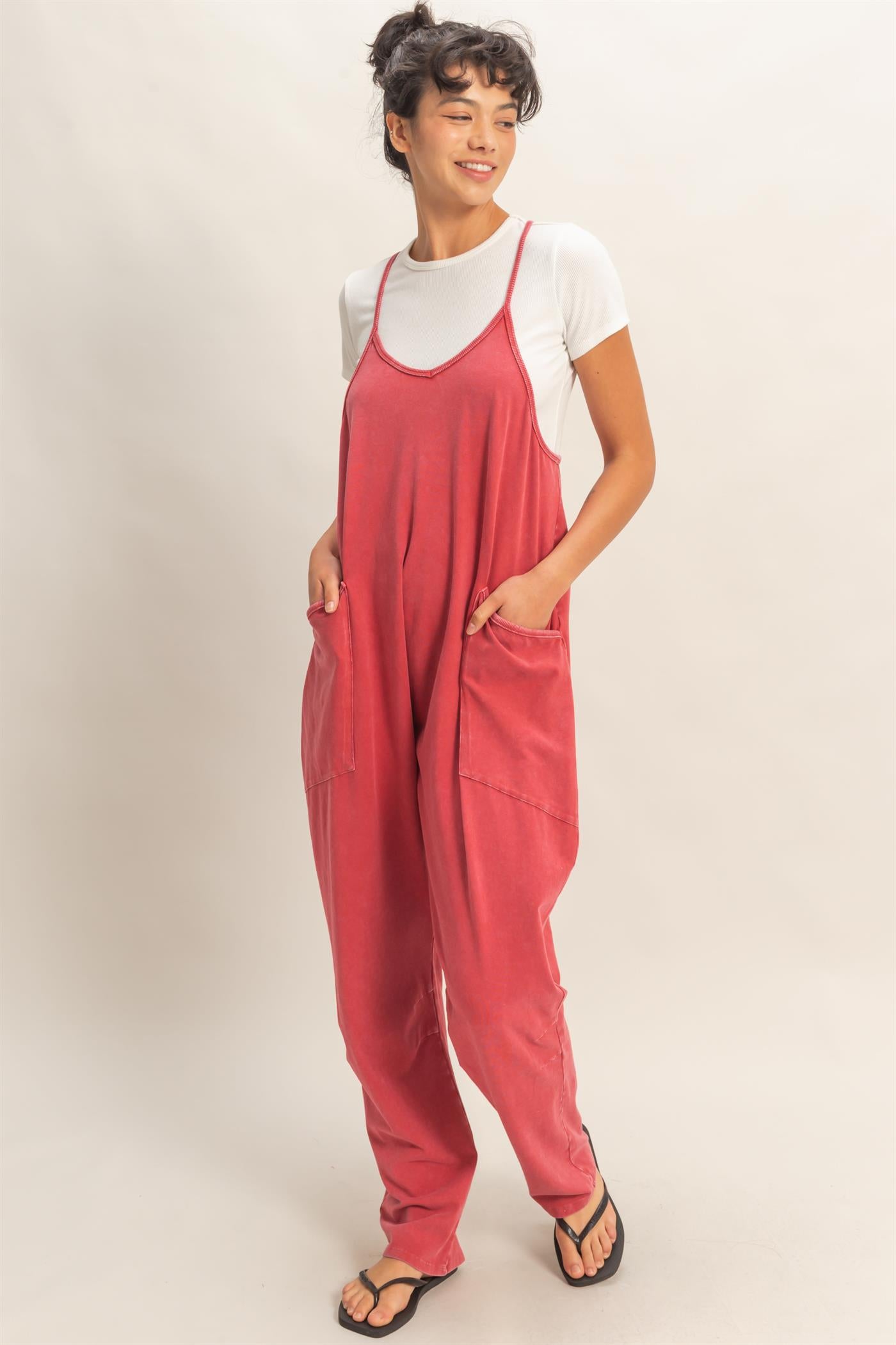 Wholesale Mineral Wash Spaghetti Strap Jumpsuit Clothing DZ26C375 DARK RED DOUBLE ZERO