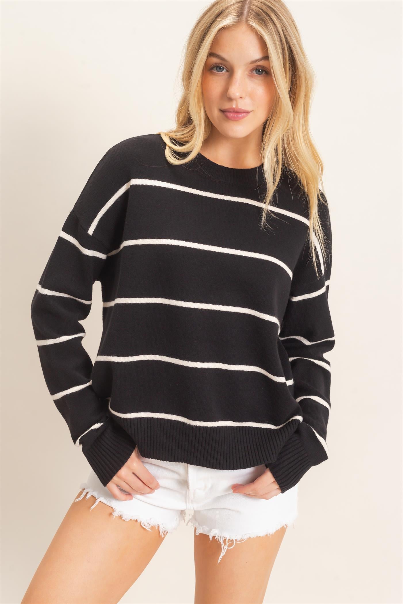Wholesale Striped Ribbed Crew Neck Sweater Sweaters HF26F169 BLACK HYFVE