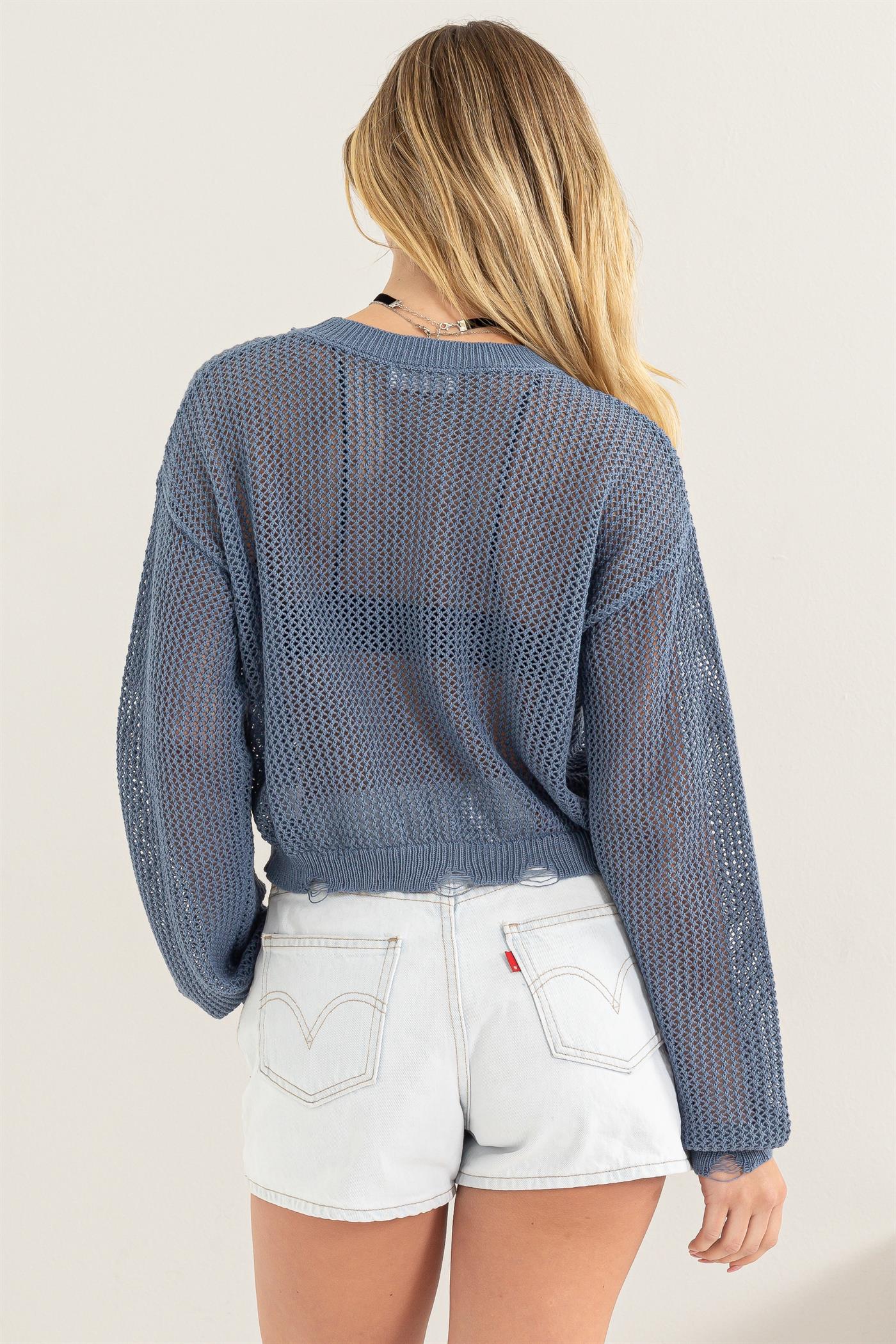 Wholesale Distressed Knit Sweater Clothing Tops DZ24C038 GRAY BLUE DOUBLE ZERO