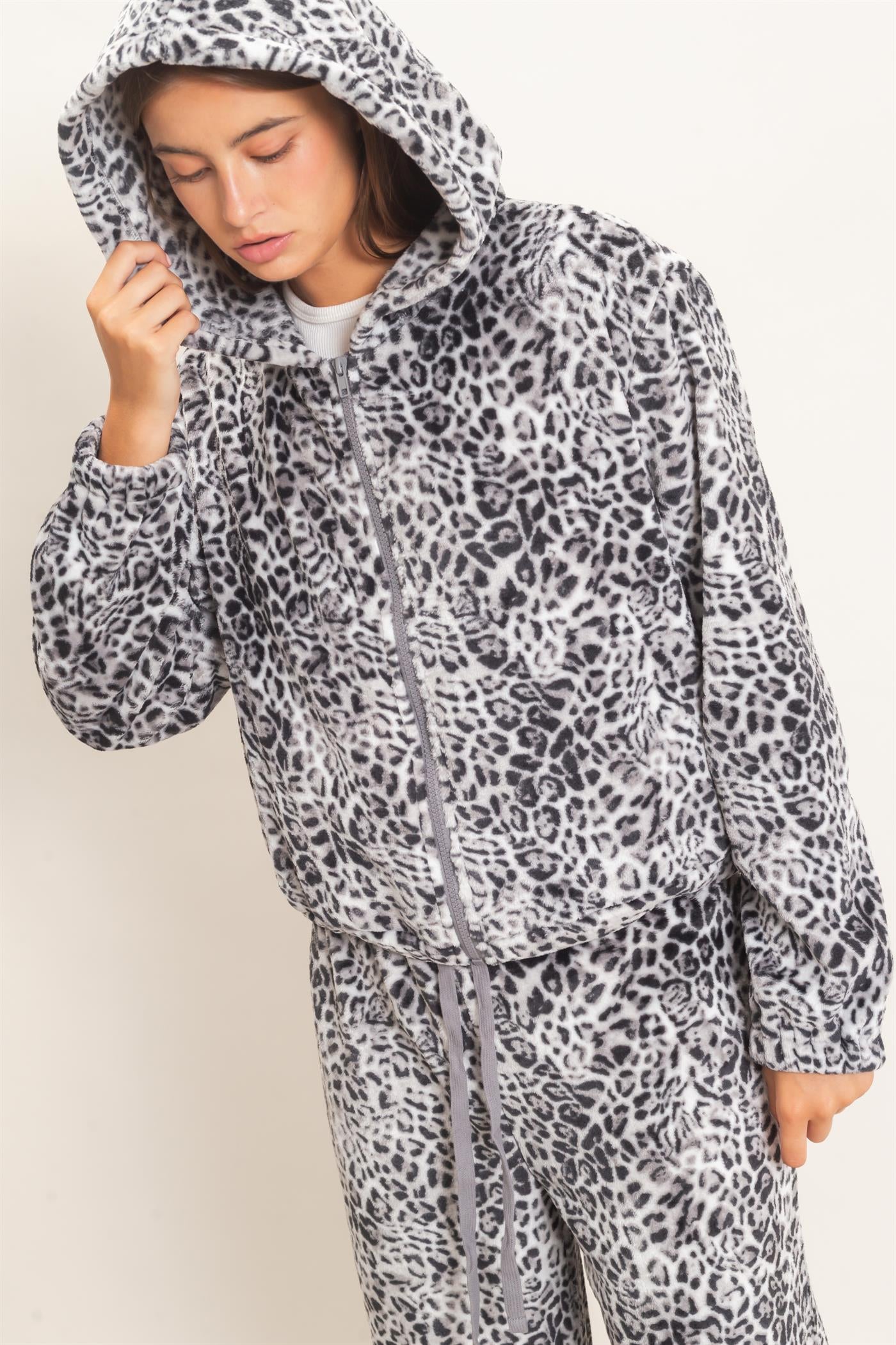 Wholesale Leopard Fleece Zip-Up Hoodie Hoodies DZ26E831 GRAY DOUBLE ZERO