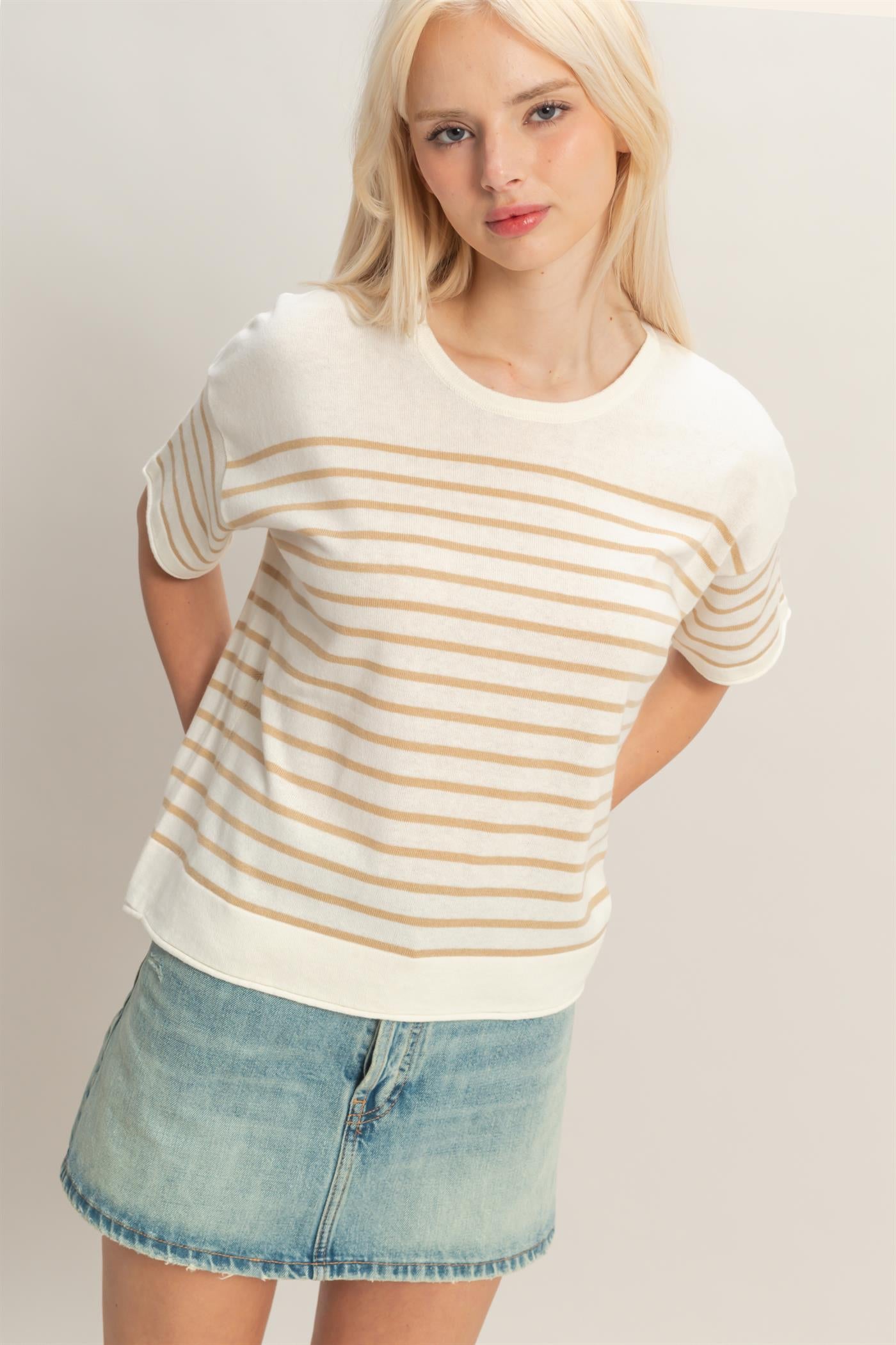 Wholesale Striped Short Sleeve Knit Top Clothing Tops DZ26A838 TAUPE DOUBLE ZERO
