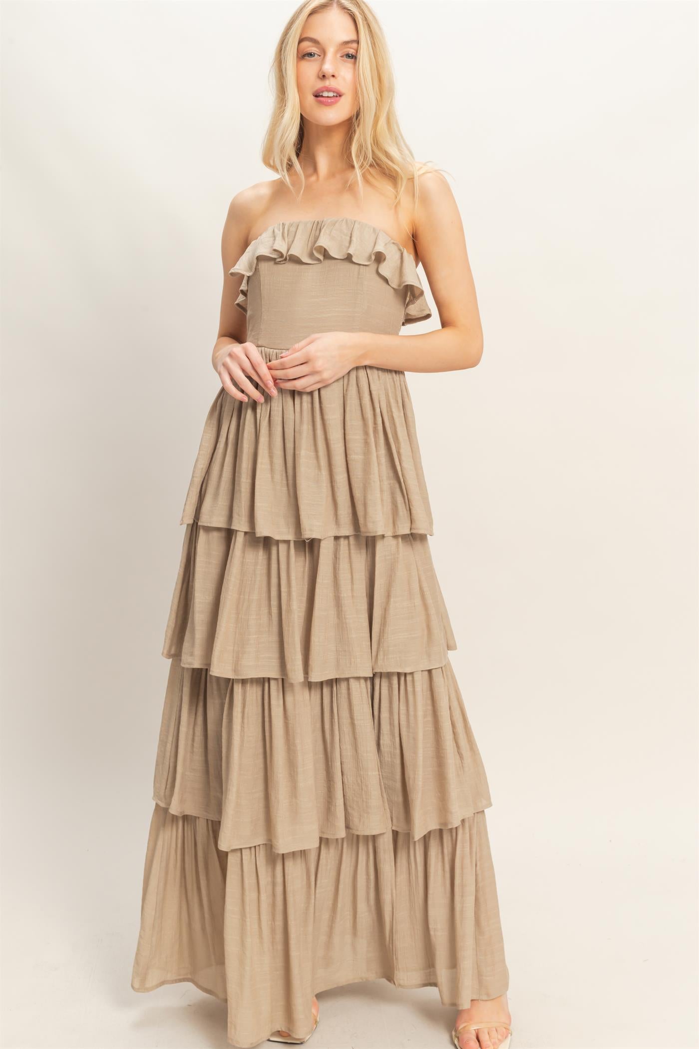 Wholesale Tiered Strapless Ruffle Dress Dresses HF26A616-D TAUPE HYFVE