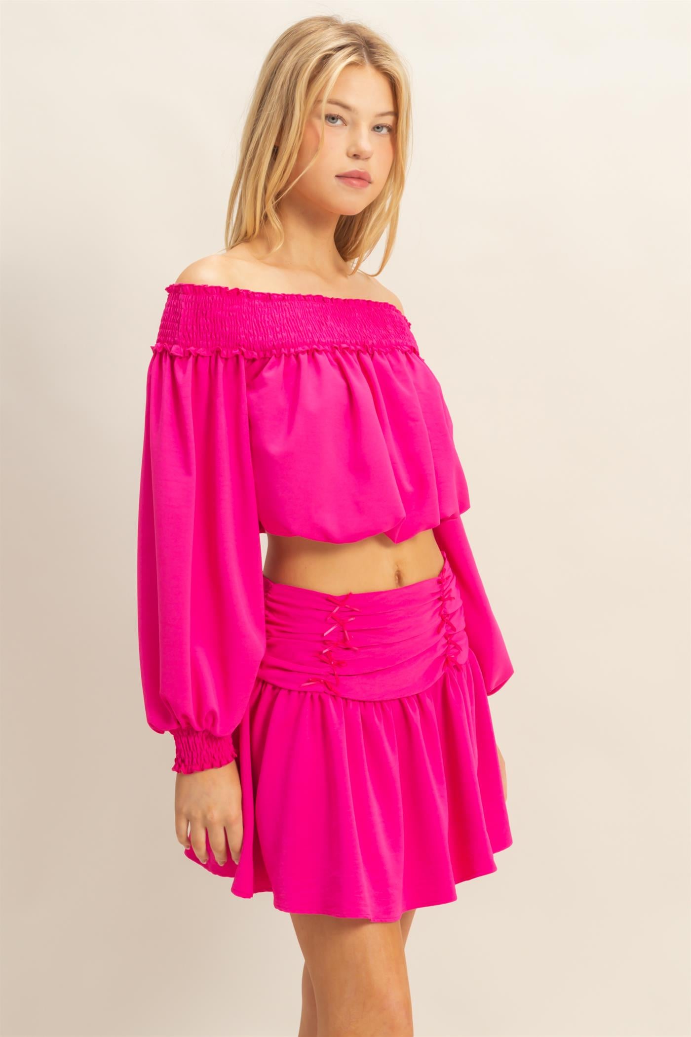 Wholesale Romantic Off Shoulder Top And Gathered Skirt Set Clothing HF25A243-SET FUCHSIA HYFVE