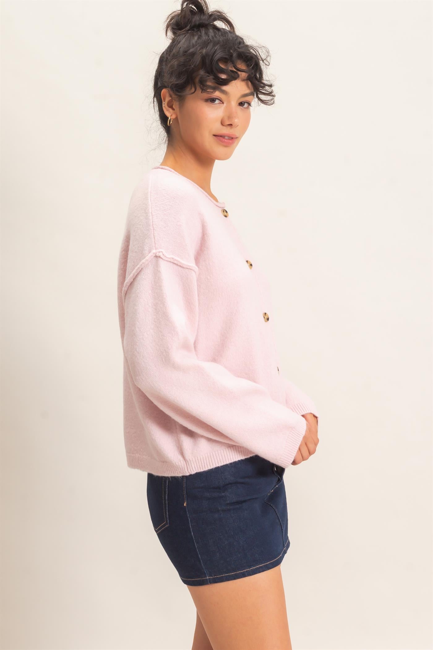 Wholesale Crew Neck Loose Fit Cardigan Cardigans DZ26E269 LIGHT PINK DOUBLE ZERO