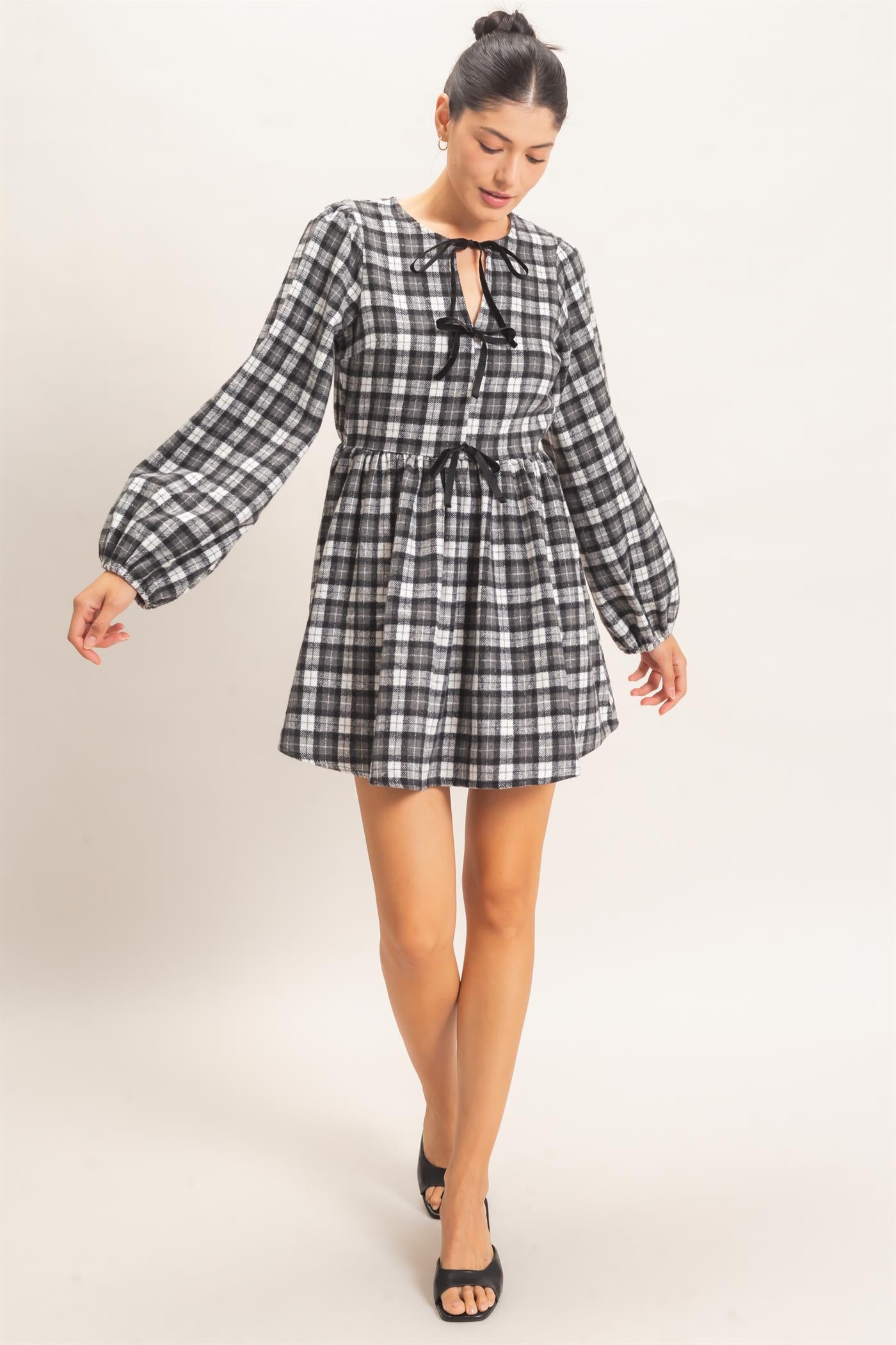 Wholesale Plaid Velvet Ribbon Tie Mini Dress Dresses HF26E965 BLACK HYFVE