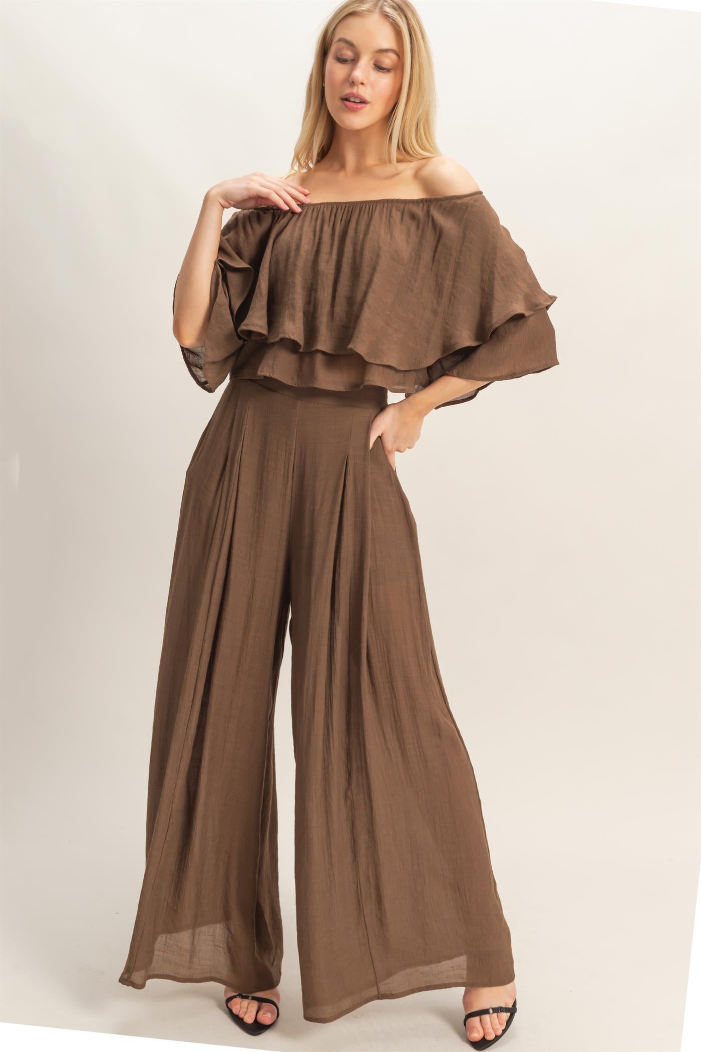Wholesale Off Shoulder Top & Pleated Pant Set Clothing HF26C291-SET-D CHOCOLATE HYFVE