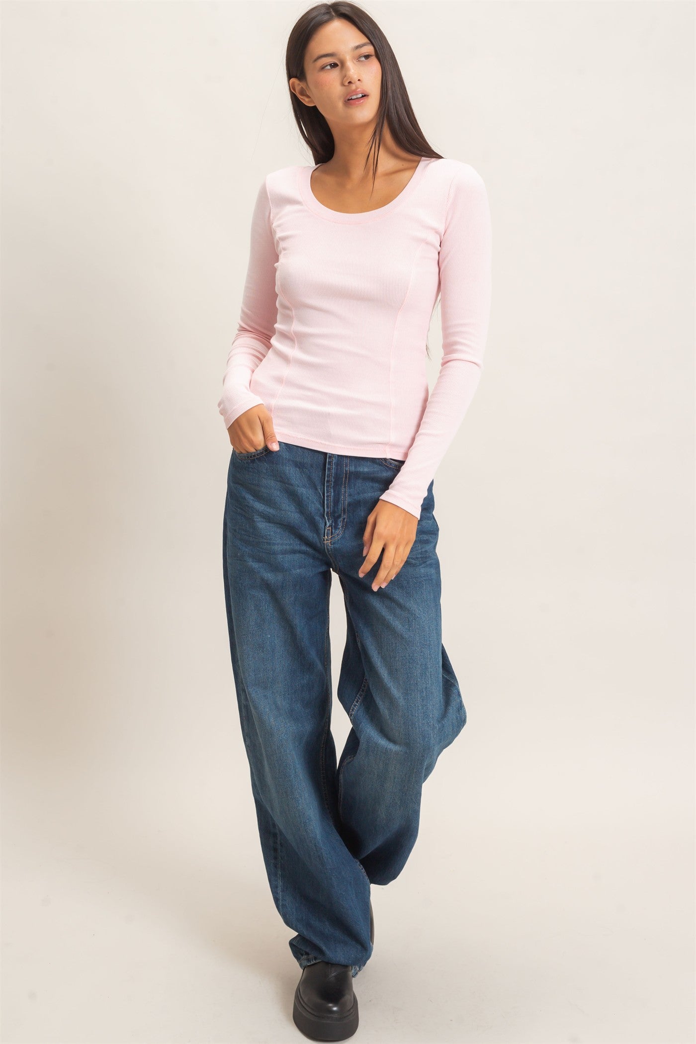 Wholesale Pigment Dye Seam Detail Scoop Neck Top Clothing Tops DZ26E242 LIGHT PINK DOUBLE ZERO