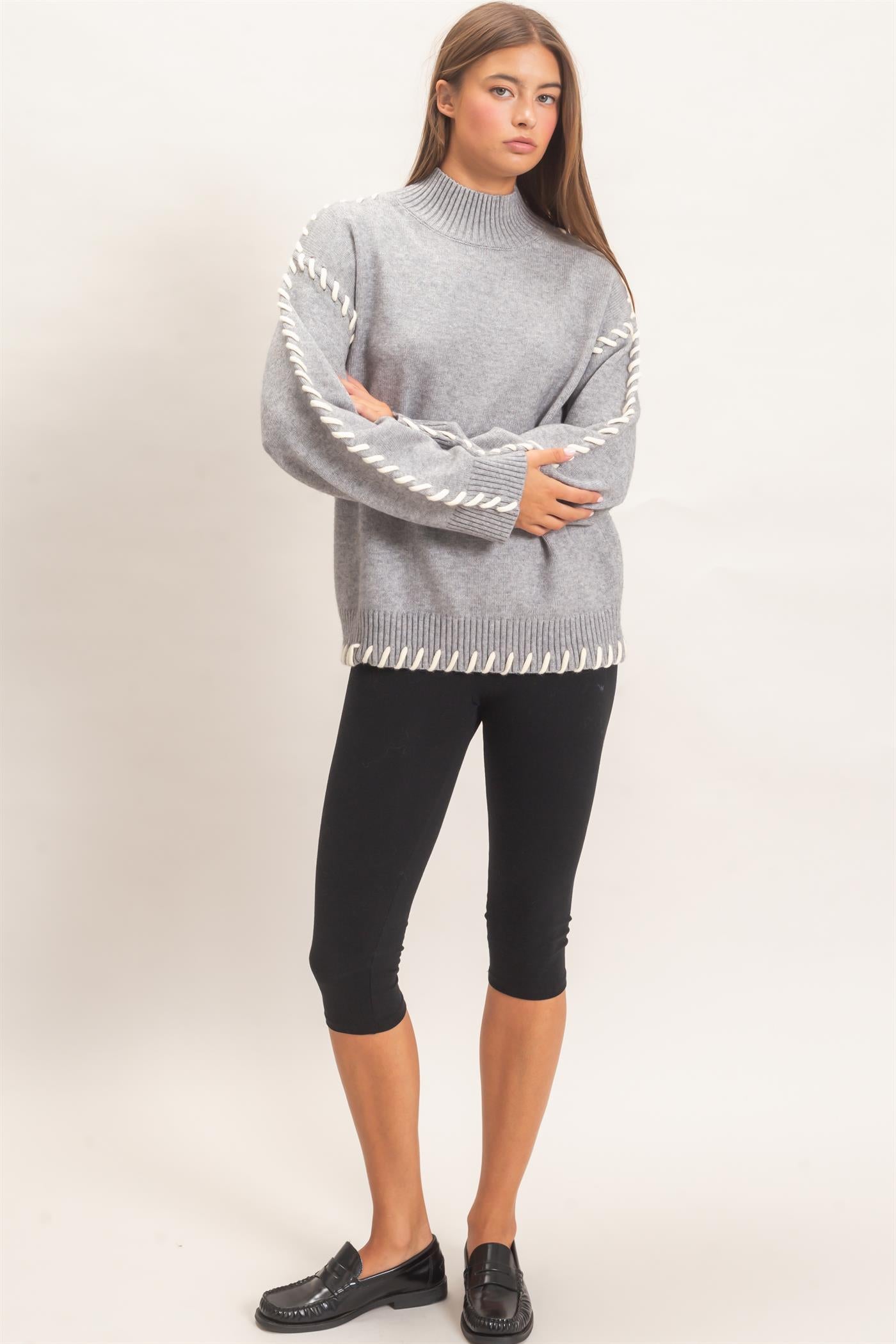 Wholesale Blanket Stitch High Neck Sweater Sweaters DZ27A190 HEATHER GRAY DOUBLE ZERO