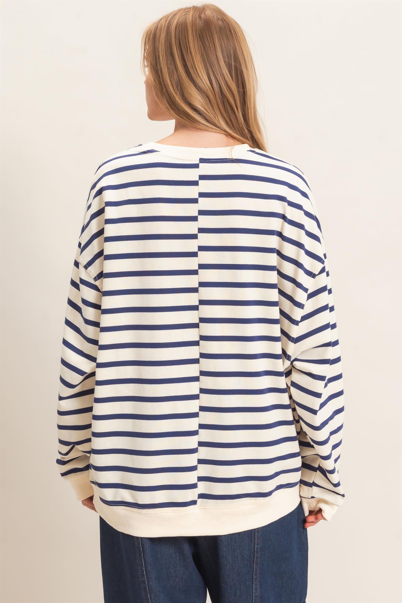 Wholesale Striped Long Sleeve Pullover Sweatshirts HF26F077 NAVY/CREAM HYFVE