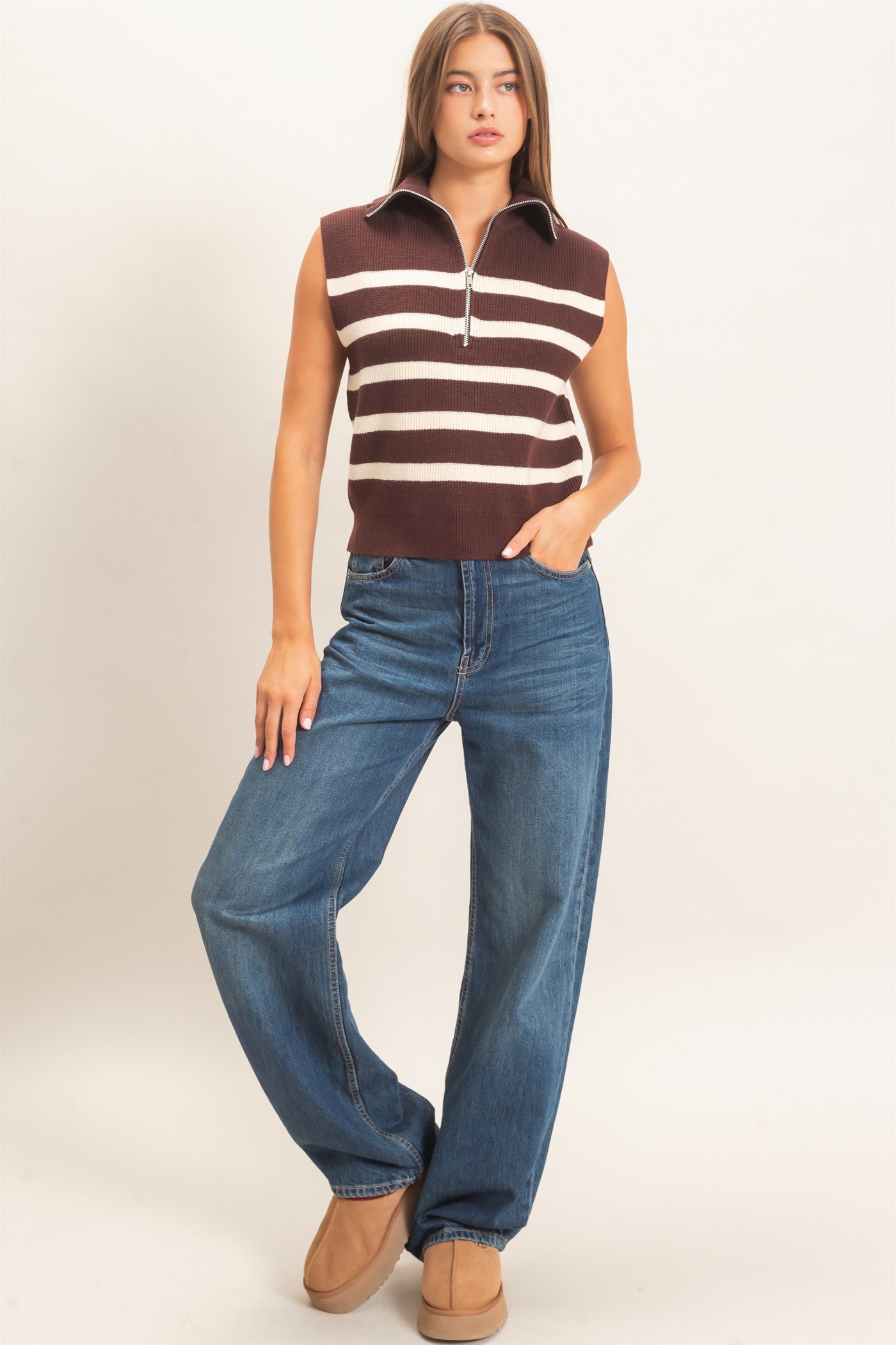 Wholesale Half-Zip Sleeveless Stripe Sweater Sweaters DZ26E951 DARK BROWN DOUBLE ZERO