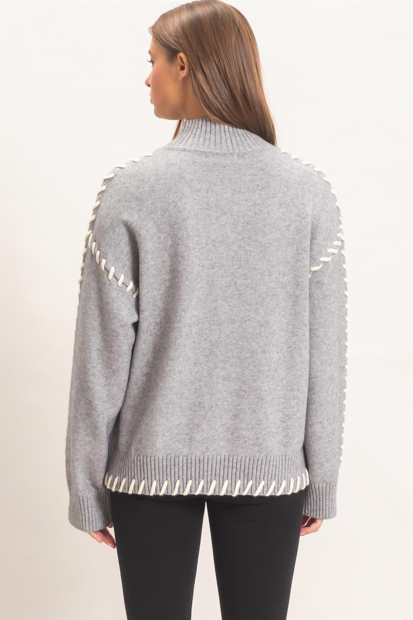 Wholesale Blanket Stitch High Neck Sweater Sweaters DZ27A190 HEATHER GRAY DOUBLE ZERO