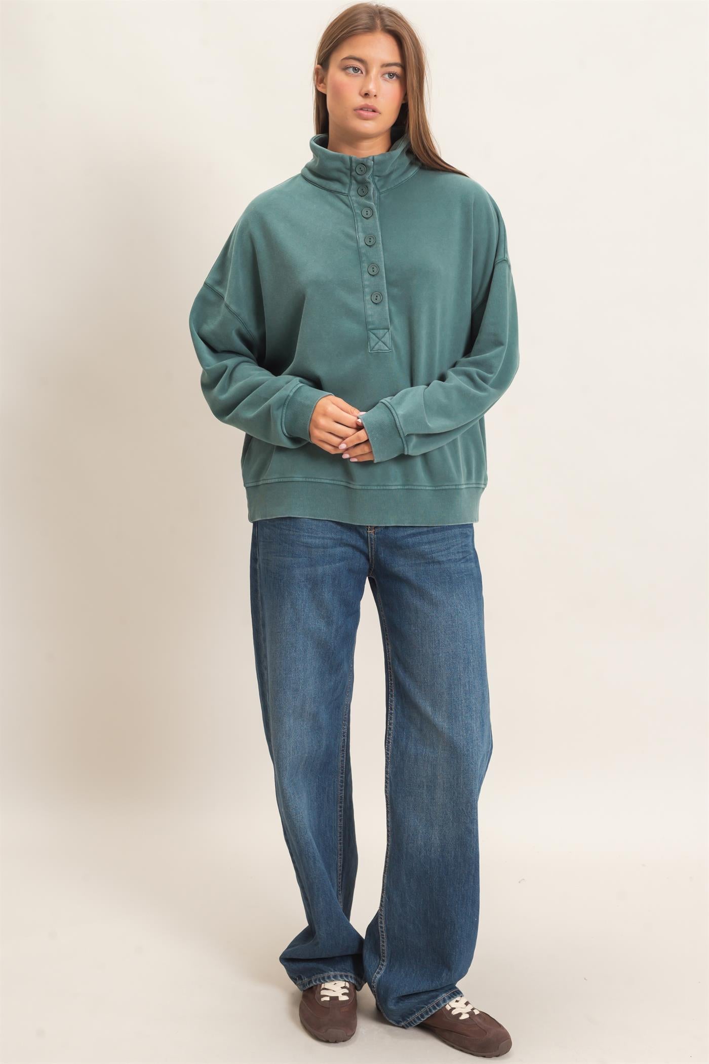 Wholesale Mineral Wash Button Front Sweatshirt Sweatshirts DZ26C909 DARK GREEN DOUBLE ZERO