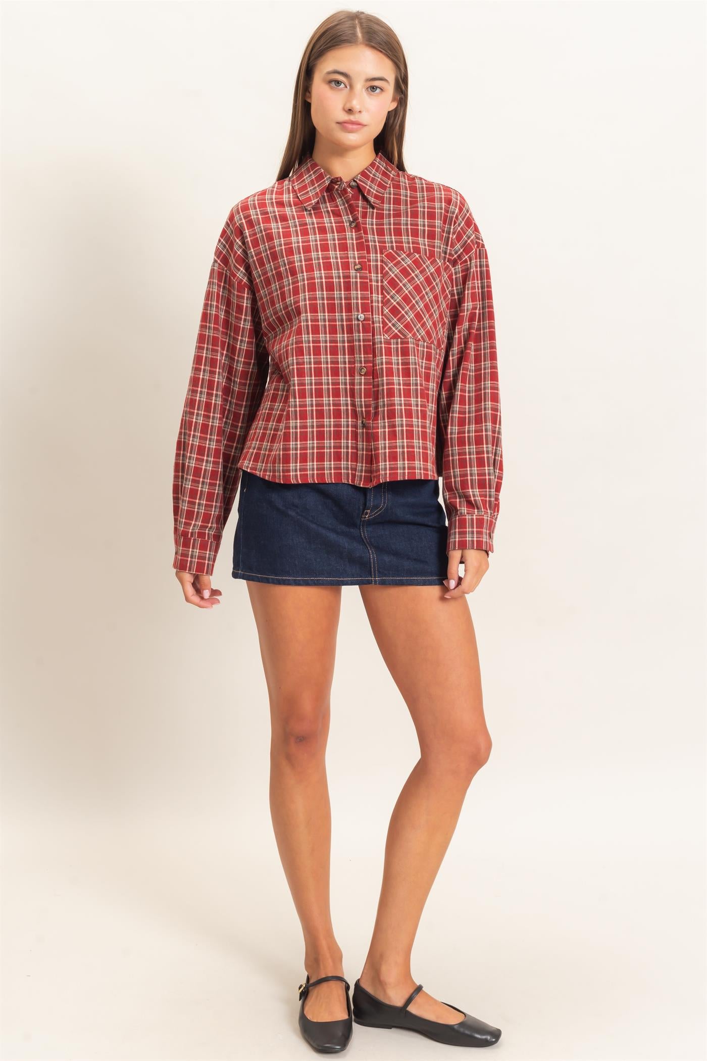 Wholesale Plaid Button-Up Shirt Clothing Tops DZ26E395 DARK RED DOUBLE ZERO