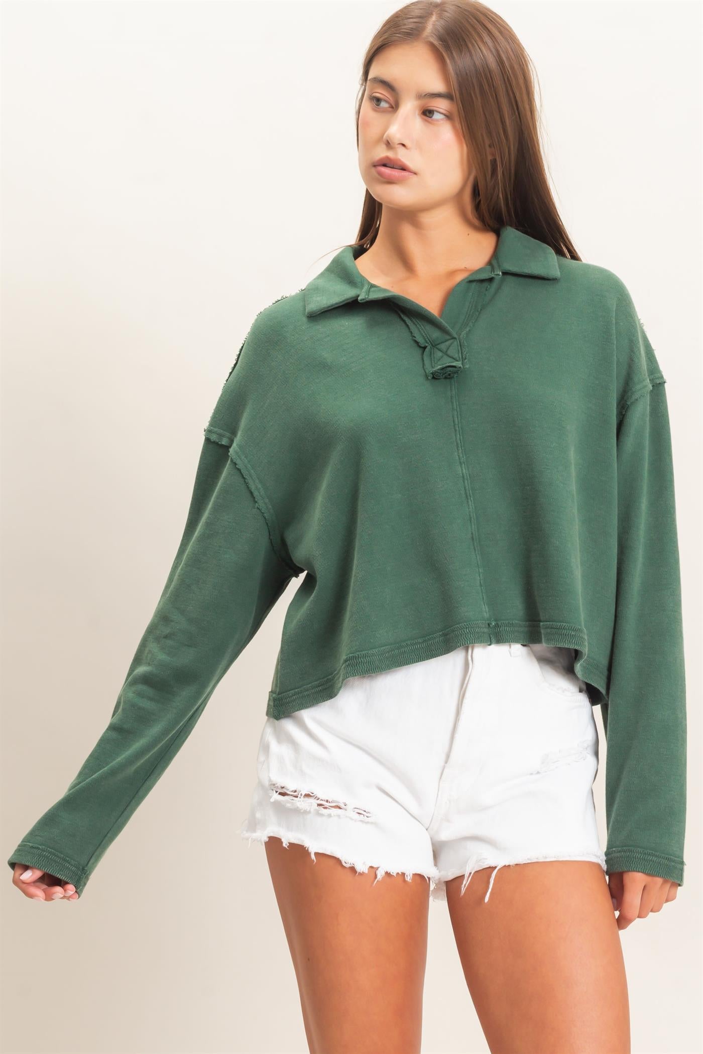 Wholesale Mineral Wash Textured Collar Top Polos DZ26E814 DARK GREEN DOUBLE ZERO