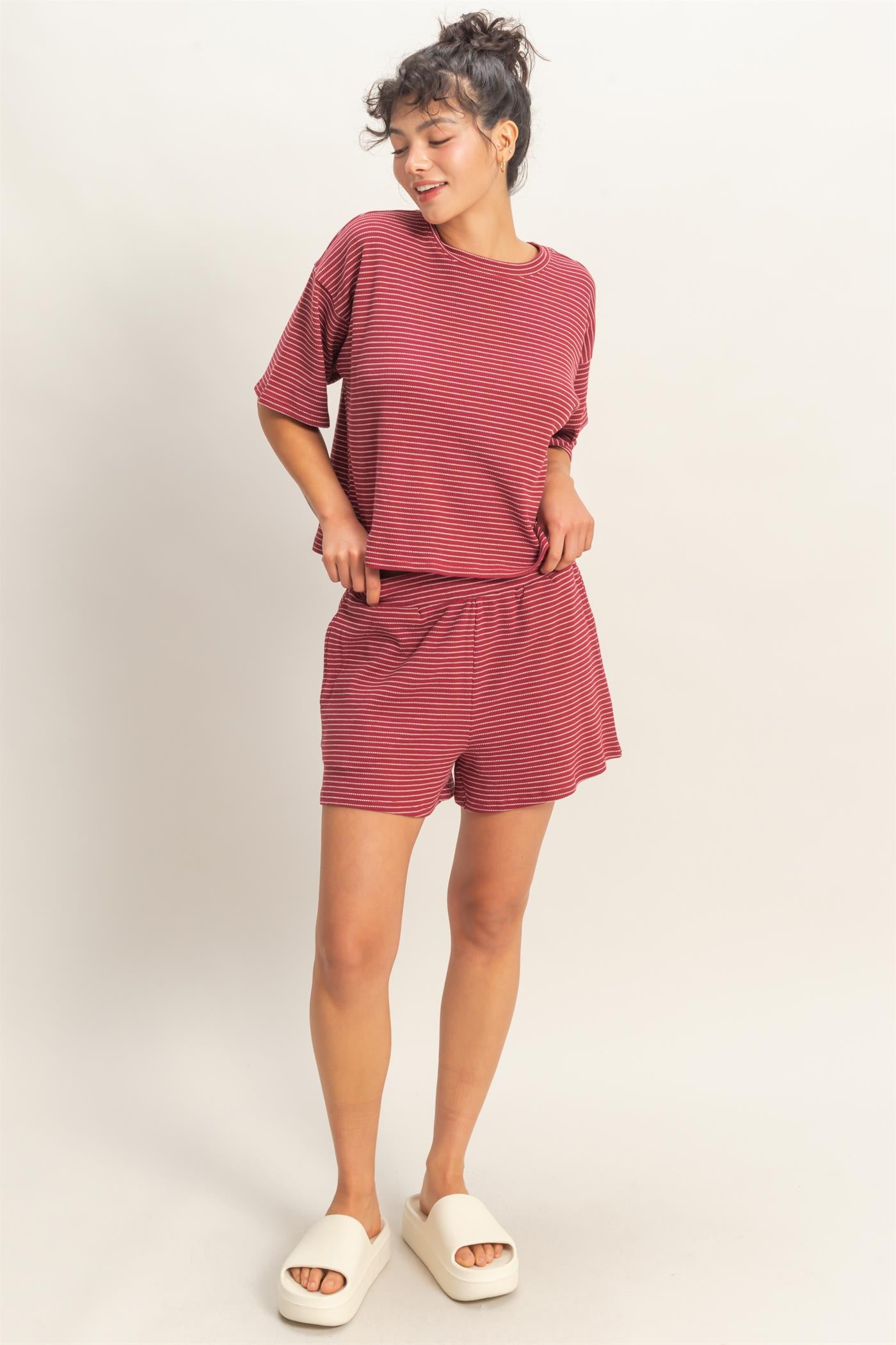 Wholesale Striped Round Neck Top & Shorts Set Clothing DZ26A045-SET DARK RED DOUBLE ZERO