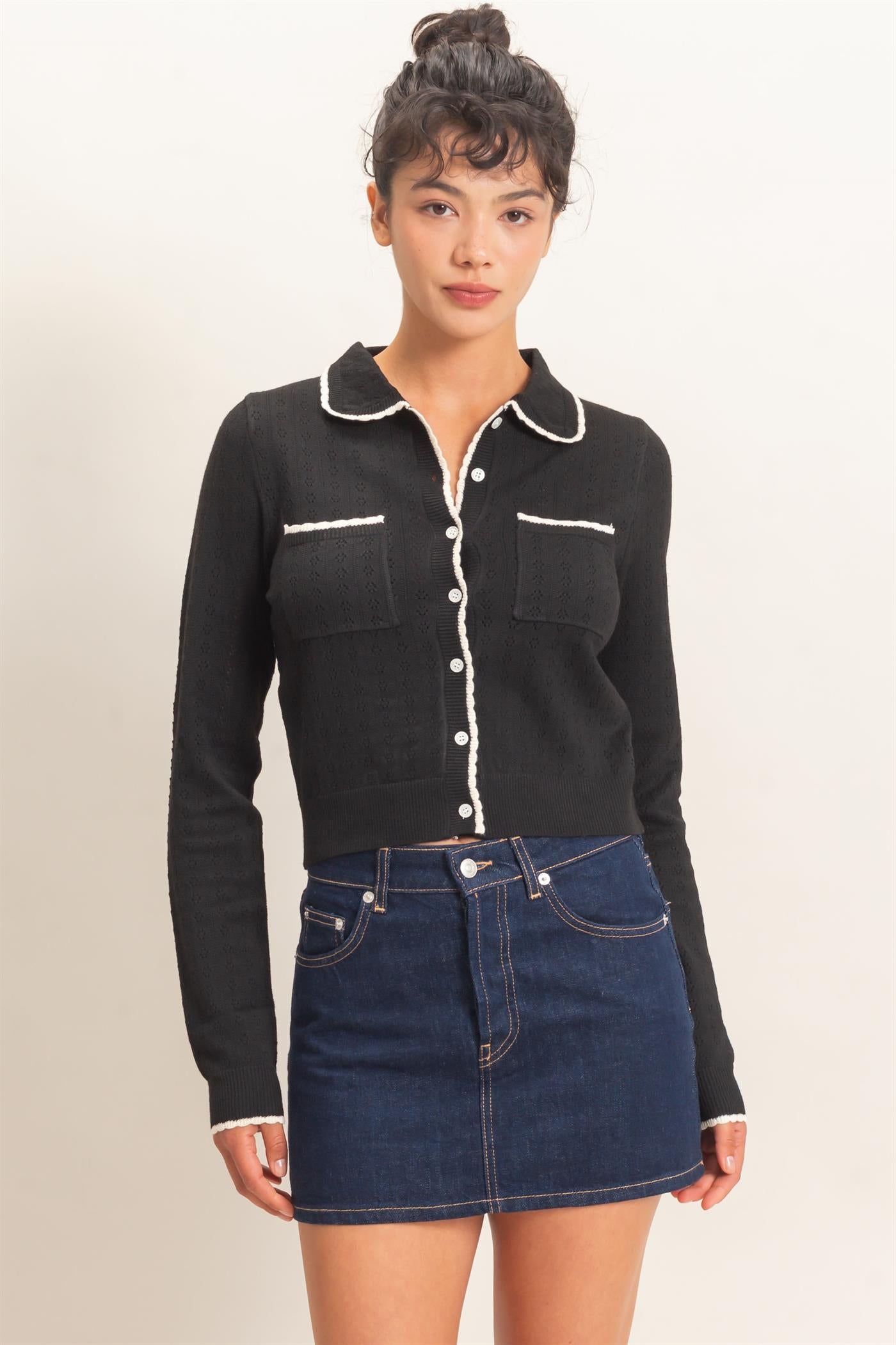 Wholesale Collared Pointelle Knit Cardigan Sweaters DZ26E101 BLACK DOUBLE ZERO