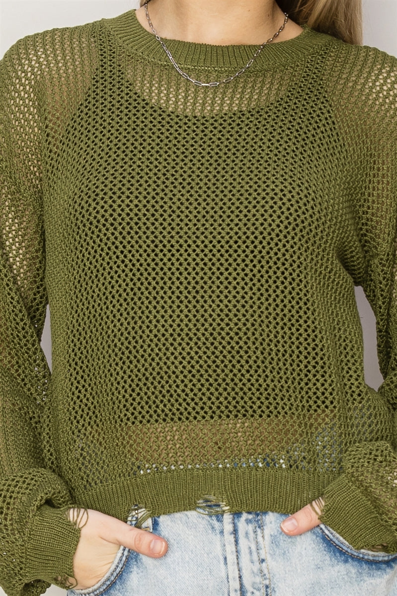 Wholesale Distressed Knit Sweater Clothing Tops DZ24C038 MOSS DOUBLE ZERO