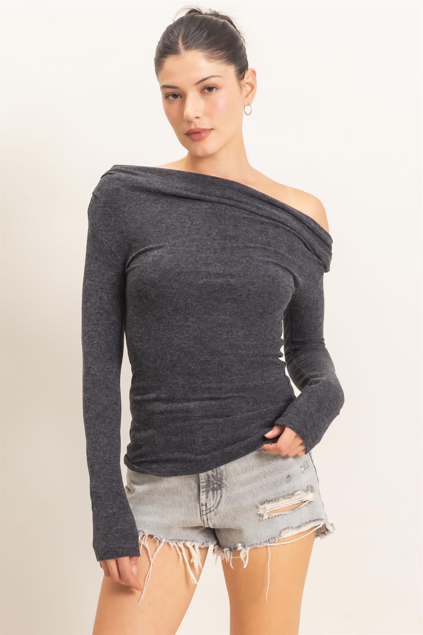 Wholesale Asymmetrical Off-Shoulder Top Clothing Tops HF26E377 CHARCOAL HYFVE
