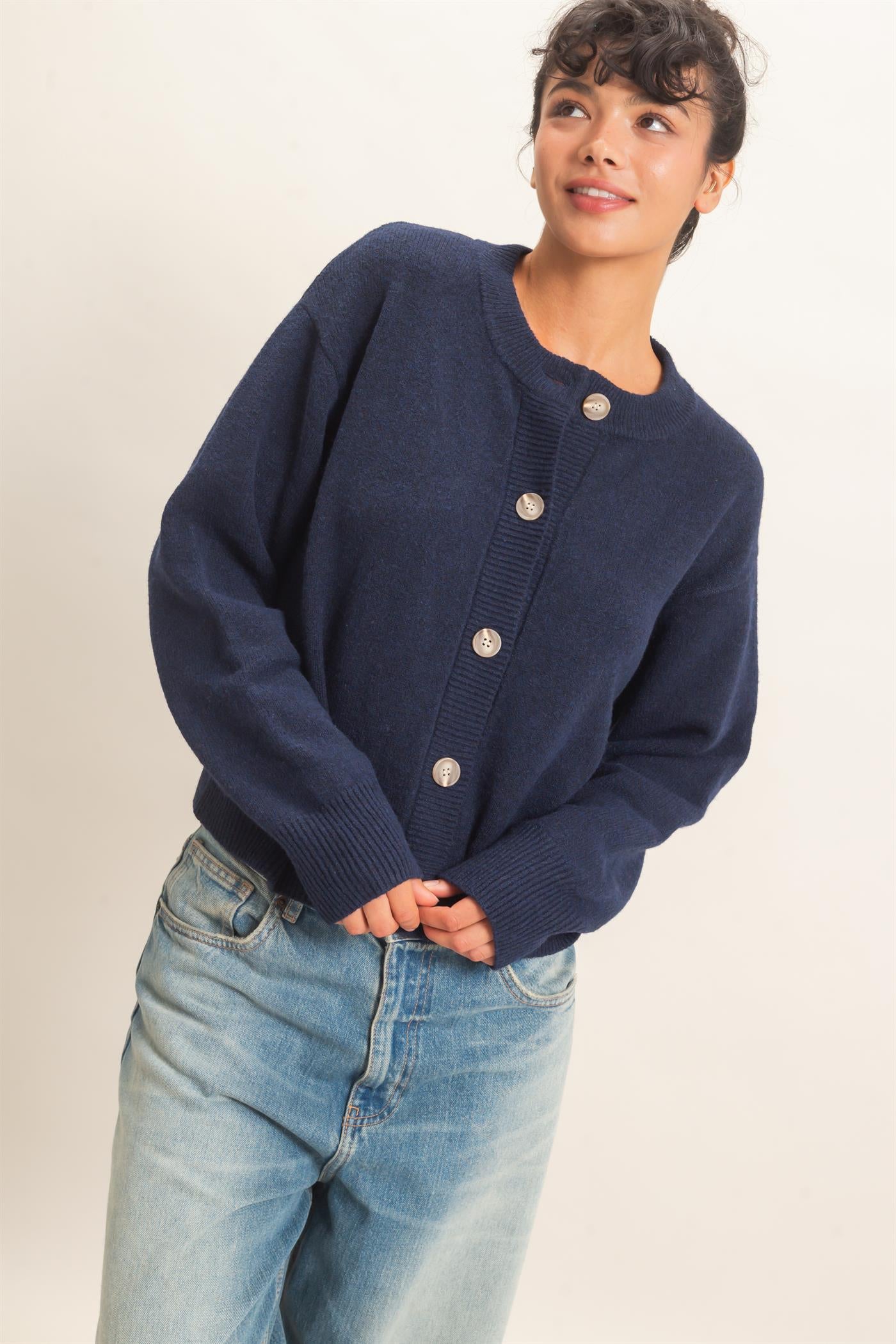 Wholesale Crew Neck Button Front Cardigan Cardigans DZ26E639 NAVY DOUBLE ZERO