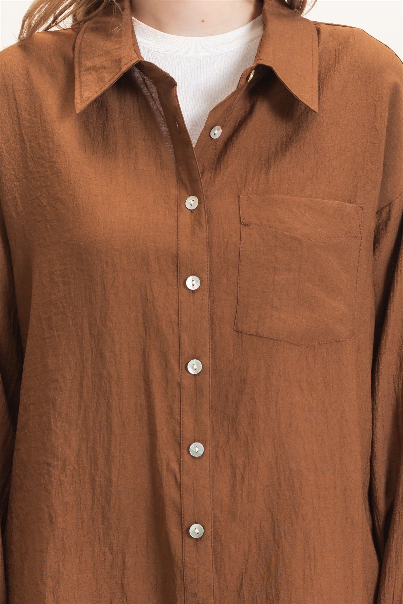 Wholesale Crinkled Button-Up Shirt Clothing Tops HF26E691 BROWN HYFVE