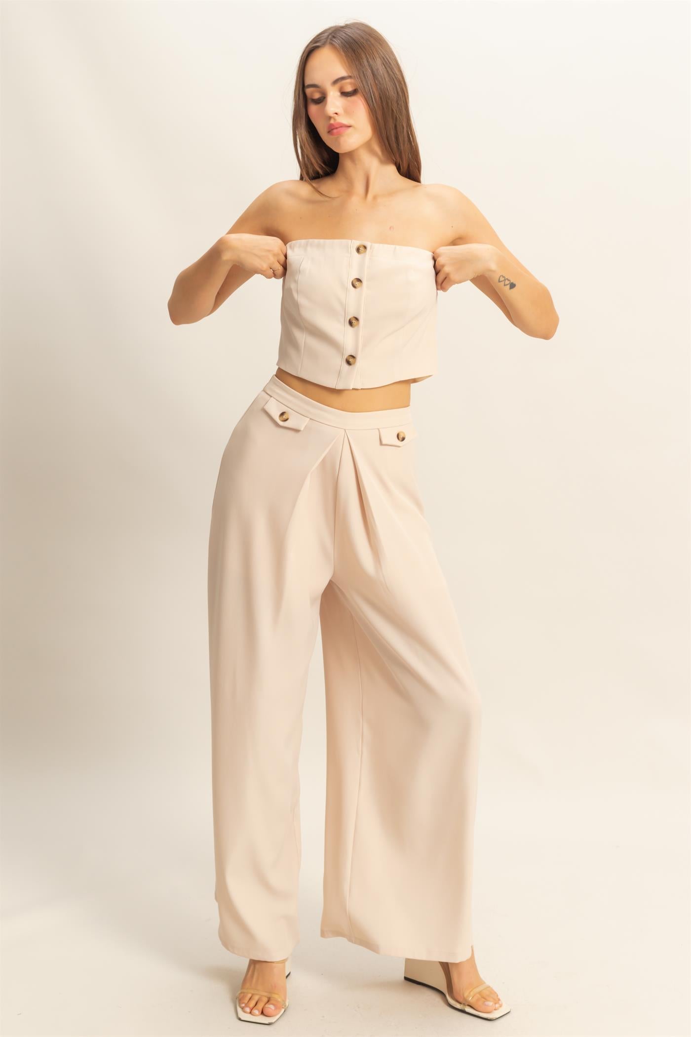 Wholesale Strapless Buttoned Top And Pants Set Clothing HF25E017-SET BEIGE HYFVE