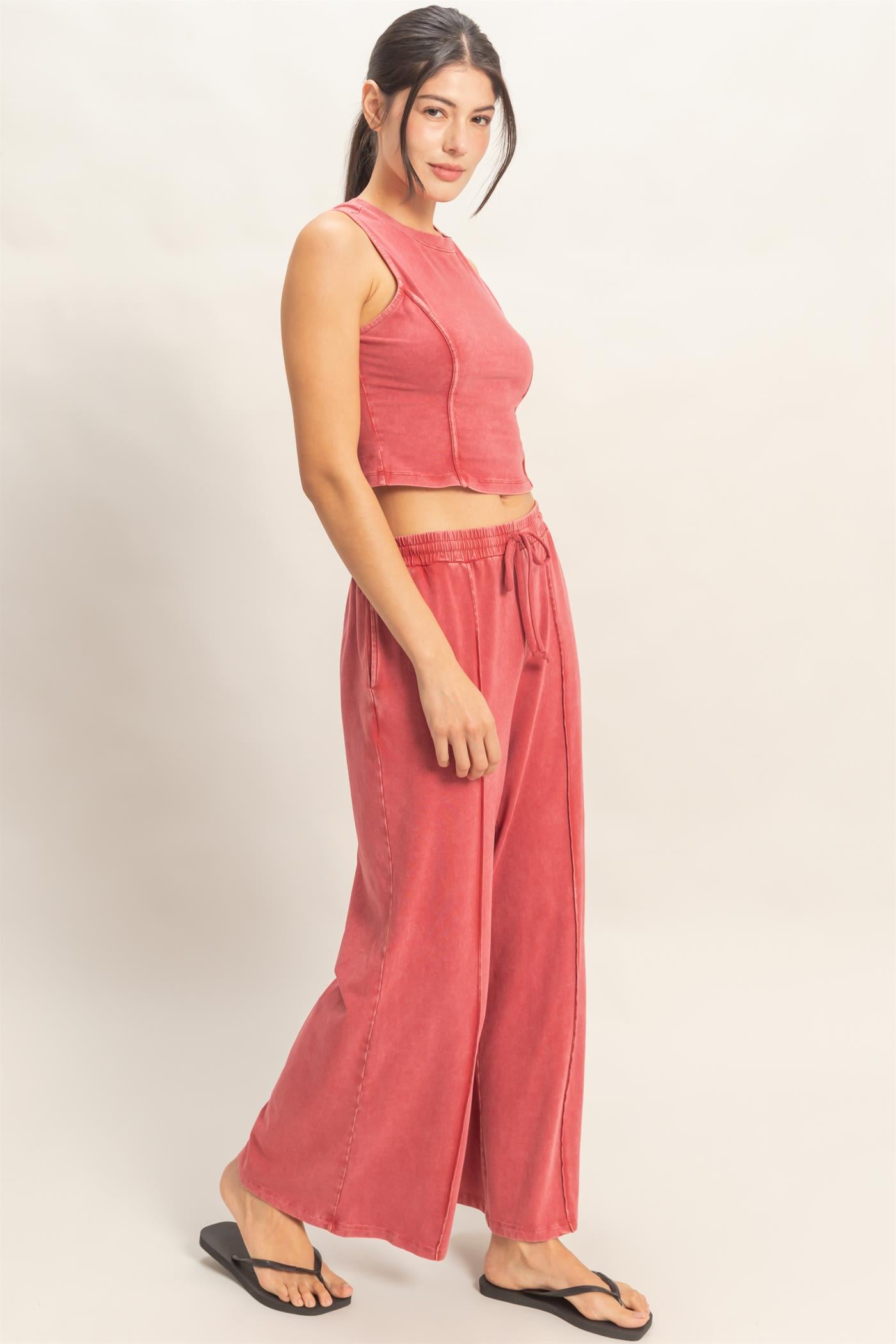Wholesale Mineral Washed Sleeveless Top & Wide Leg Pants Set Clothing DZ26A371-SET DARK RED DOUBLE ZERO