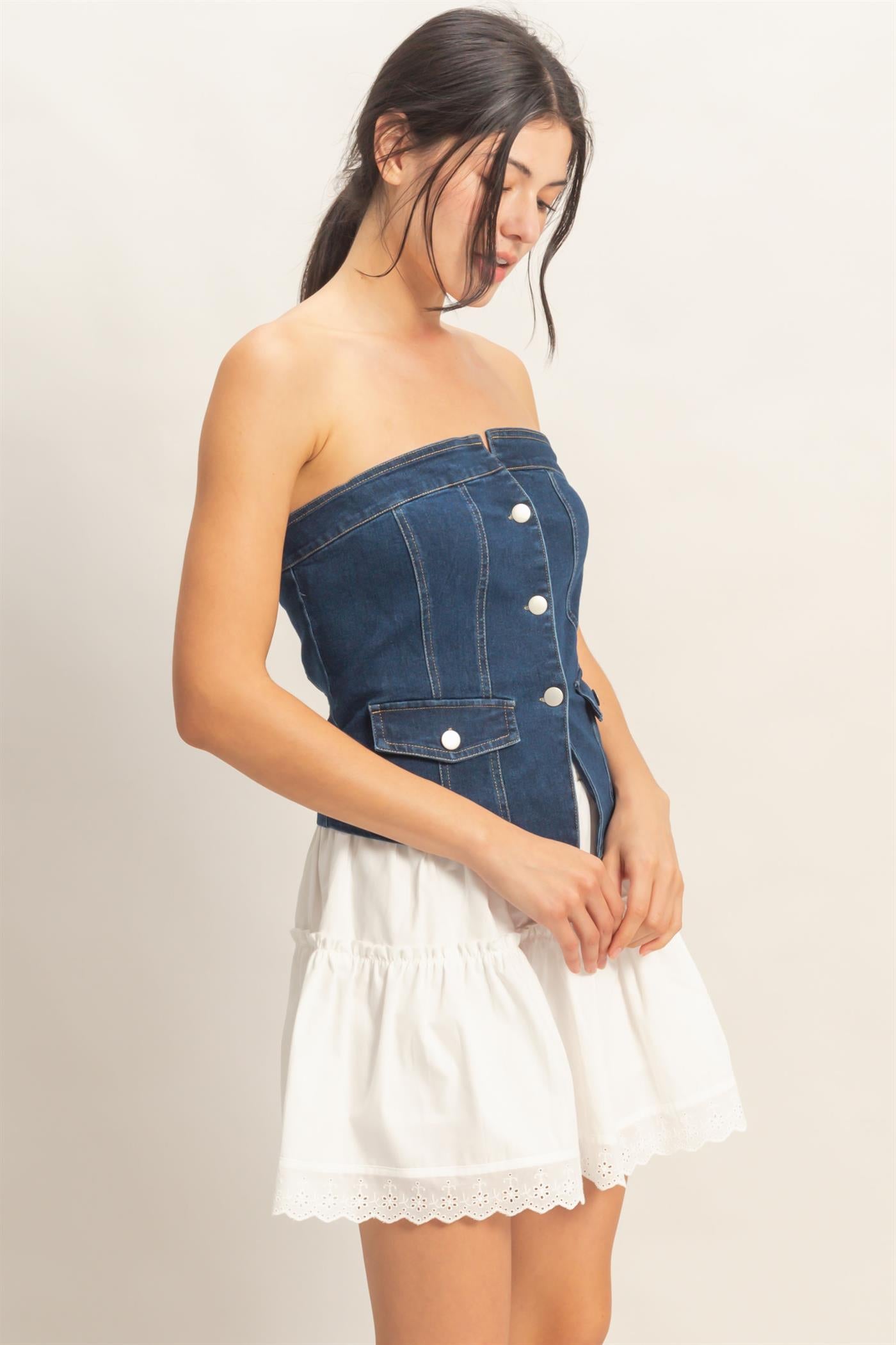 Wholesale Strapless Button-Up Denim Top Clothing Tops HF26A410 D.DENIM HYFVE