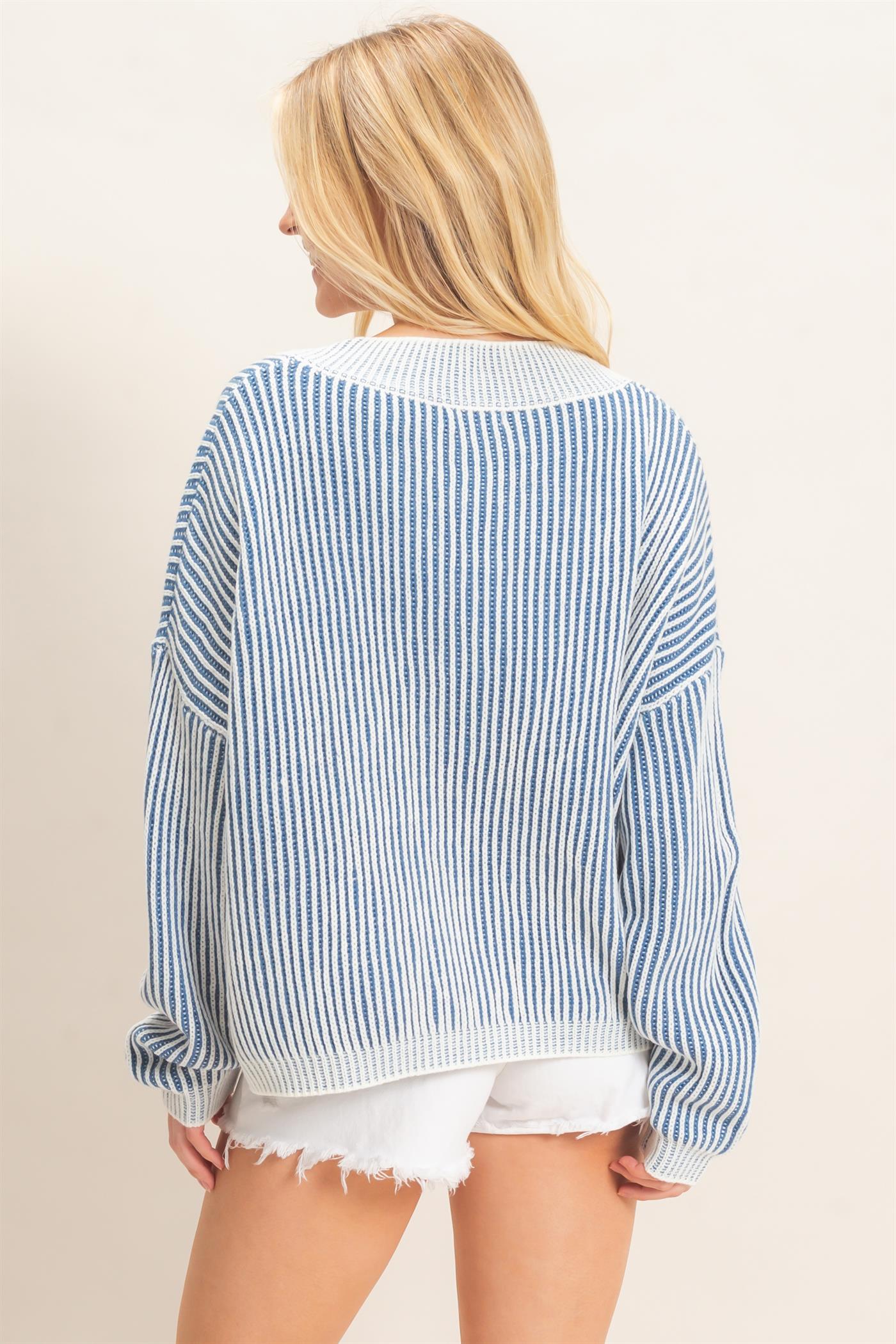 Wholesale Striped V-Neck Ribbed Sweater Sweaters HF26F202 BLUE HYFVE