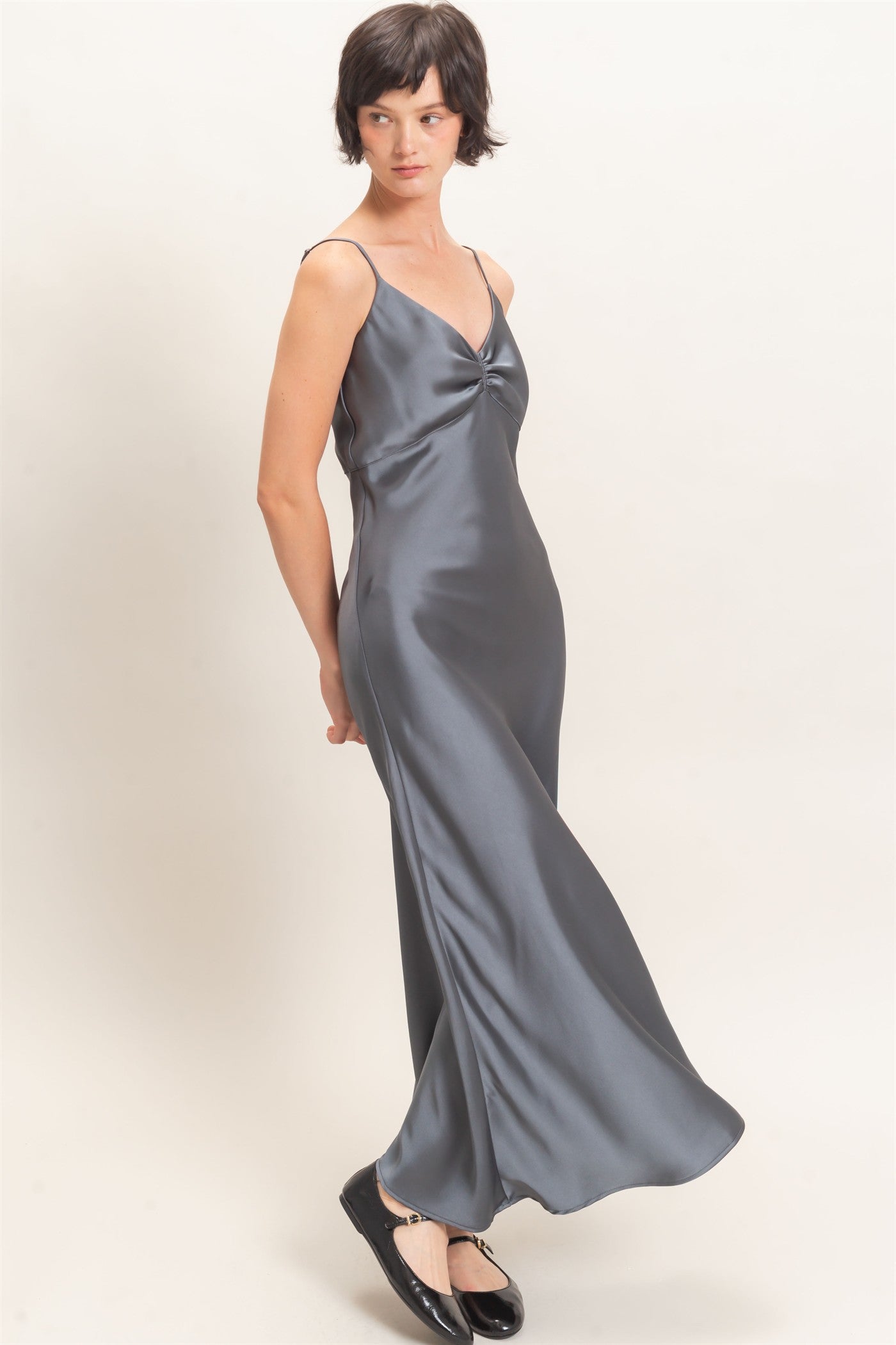 Wholesale Satin Slip Dress With Spaghetti Straps Dresses DZ26E380 DARK GRAY DOUBLE ZERO