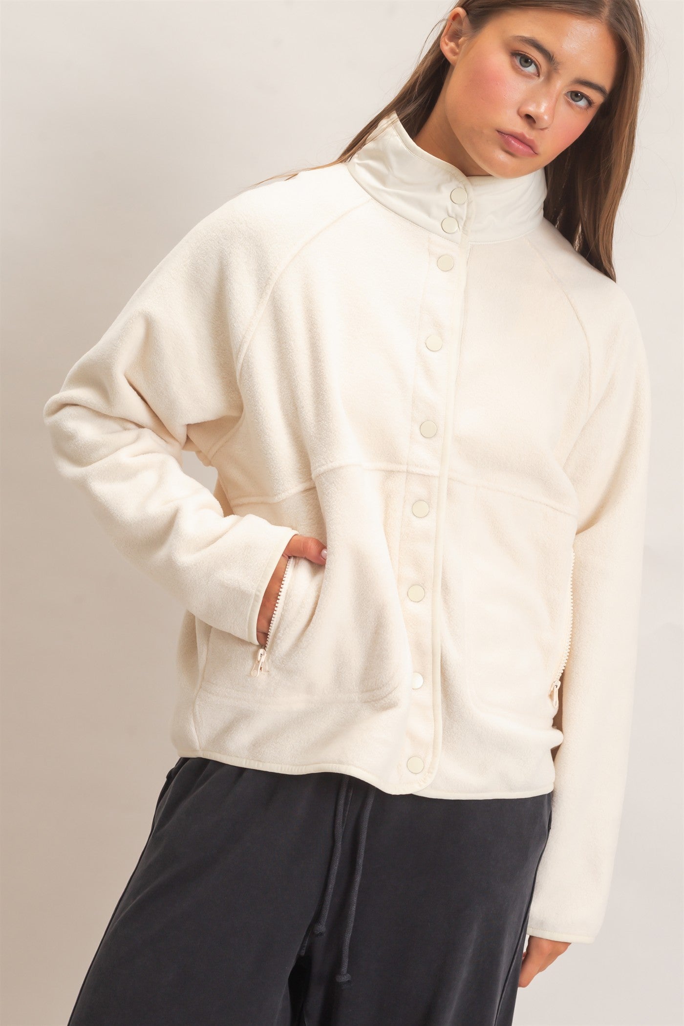 Wholesale Fleece Jacket With Button Front Coats & Jackets DZ26F086 CREAM DOUBLE ZERO