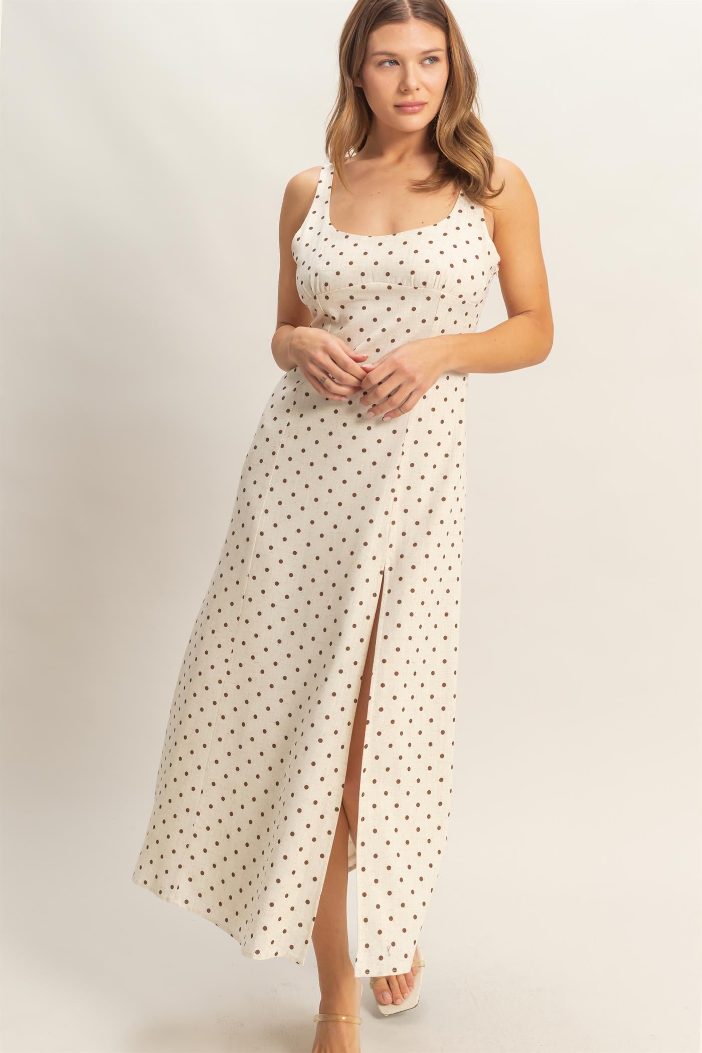 Wholesale Polka Dot Scoop Neck Midi Dress Dresses HF26C268-D OATMEAL HYFVE